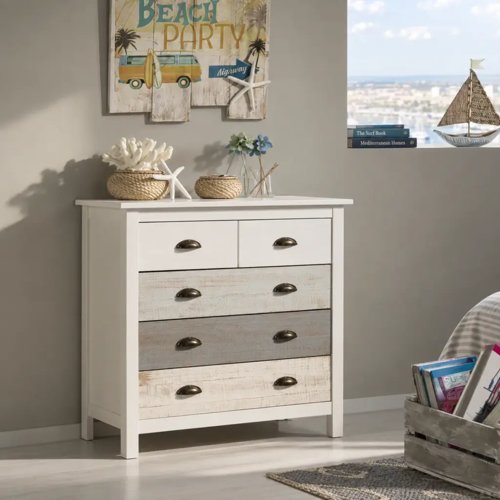 Cómoda Romántica de cinco cajones en blanco y multicolor fabricada en madera de pino