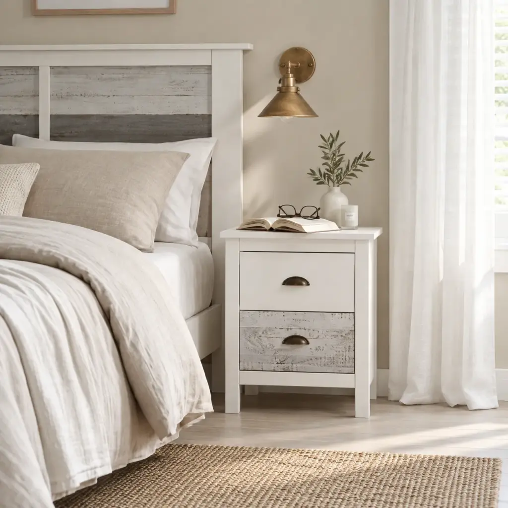 MESITA ROMANTICA 2C MULTICOLOR Mesita Romántica de dos cajones en blanco y multicolor fabricada en madera de pino