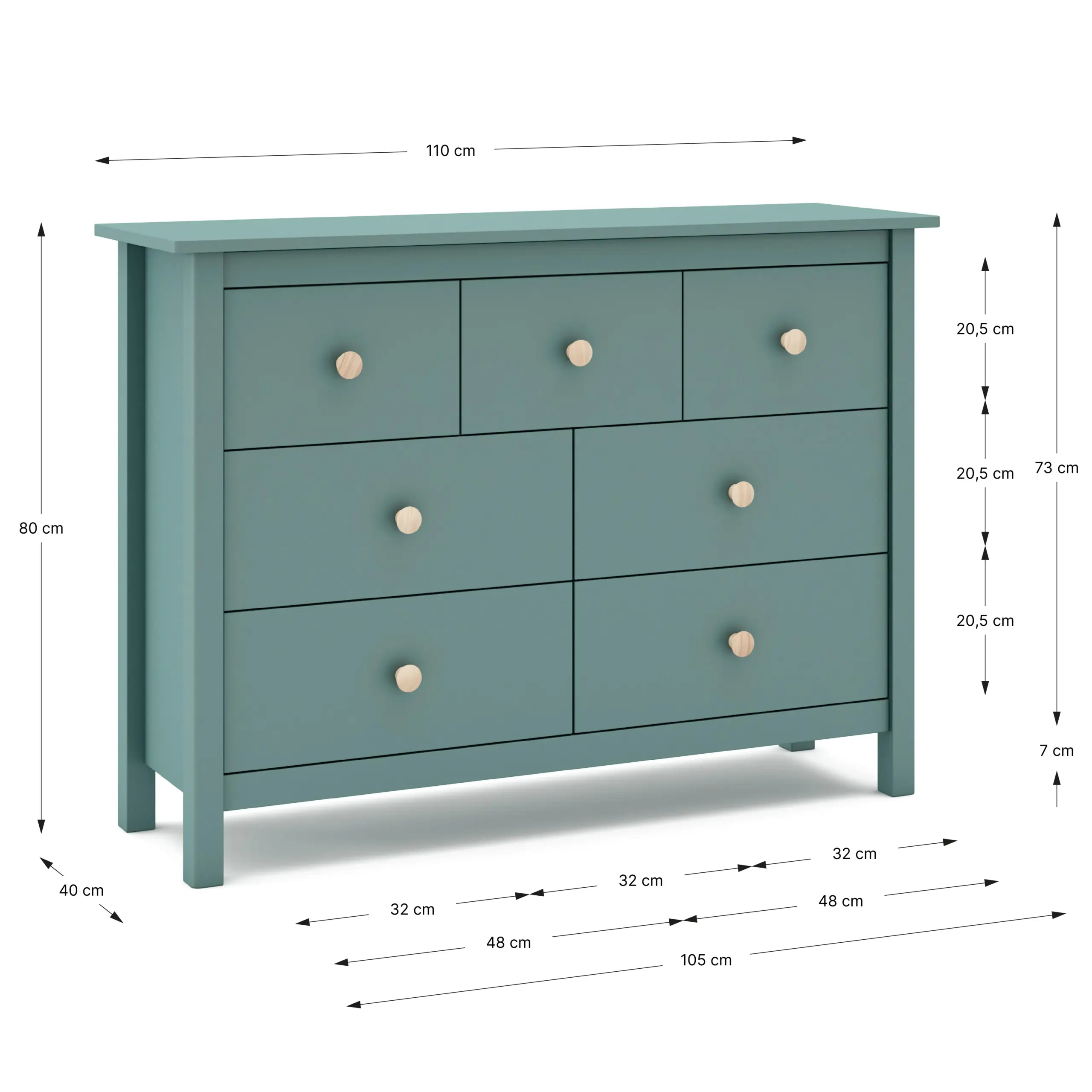 Cómoda Max de siete cajones en verde petróleo fabricada en madera de pino maciza