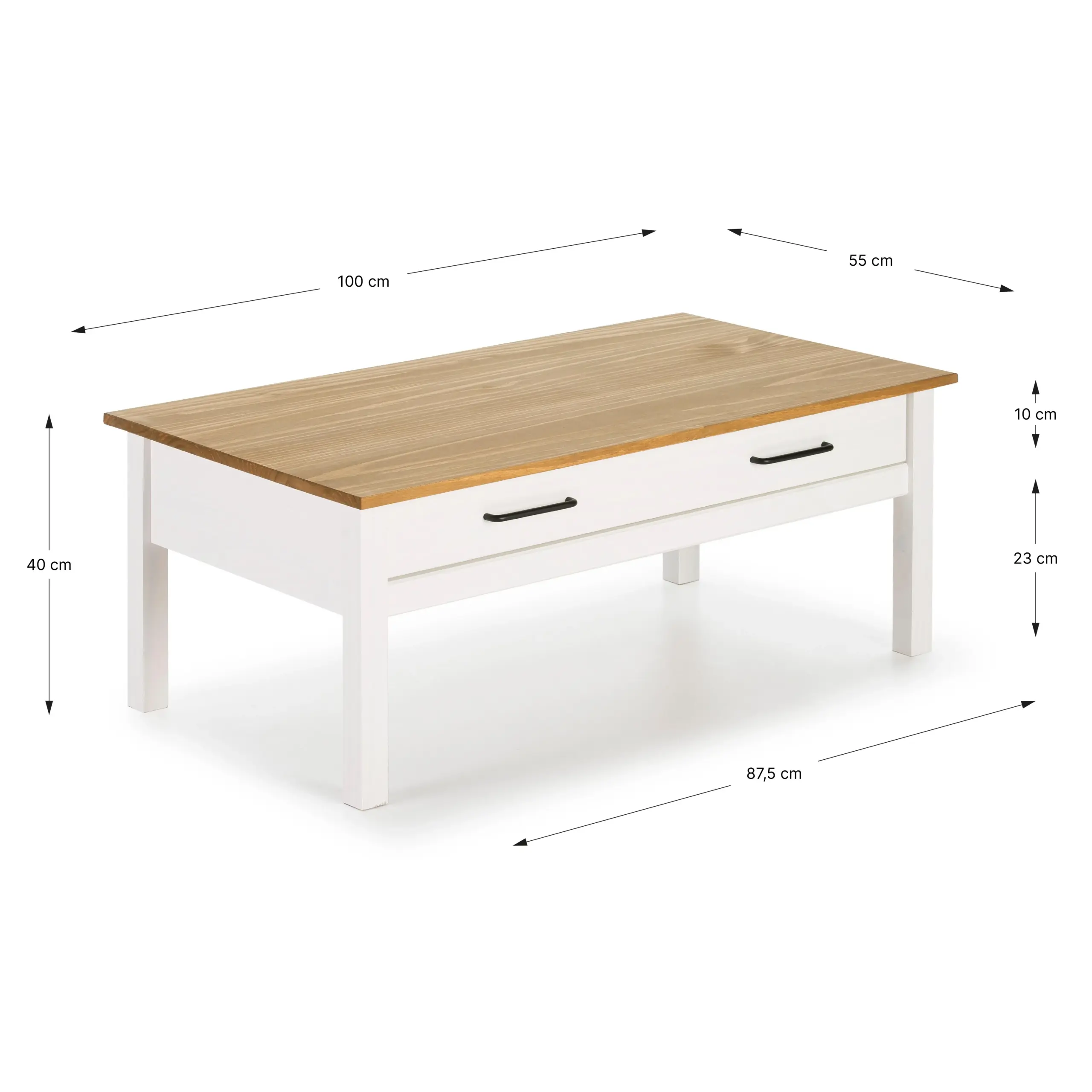 Mesa Centro Miranda Blanco con tapa de madera natural y cajón frontal
