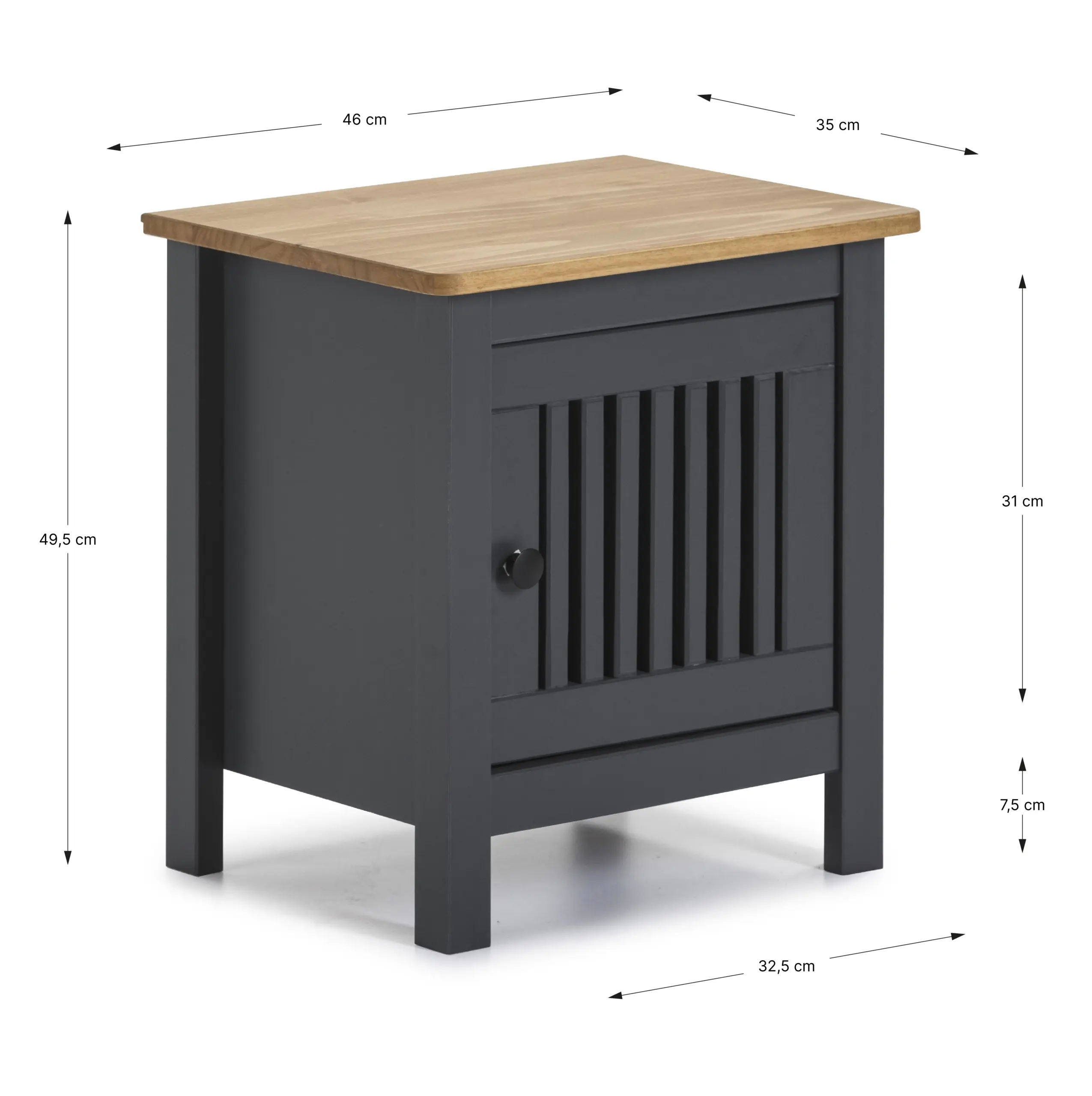 Mesita Bruna Gris Antracita de madera de pino con puerta y detalle de listones