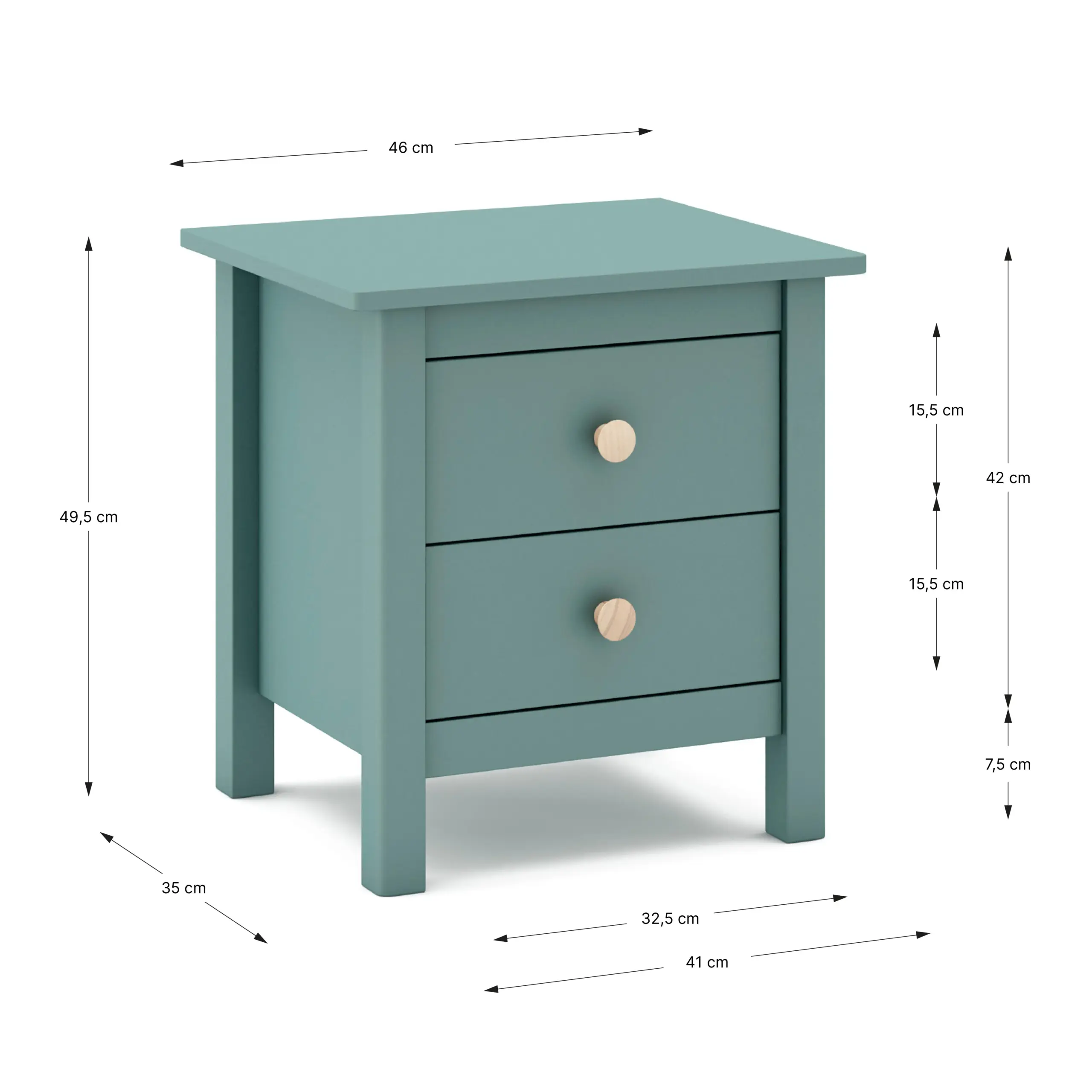 Mesita Max de dos cajones en verde petróleo fabricada en madera de pino maciza