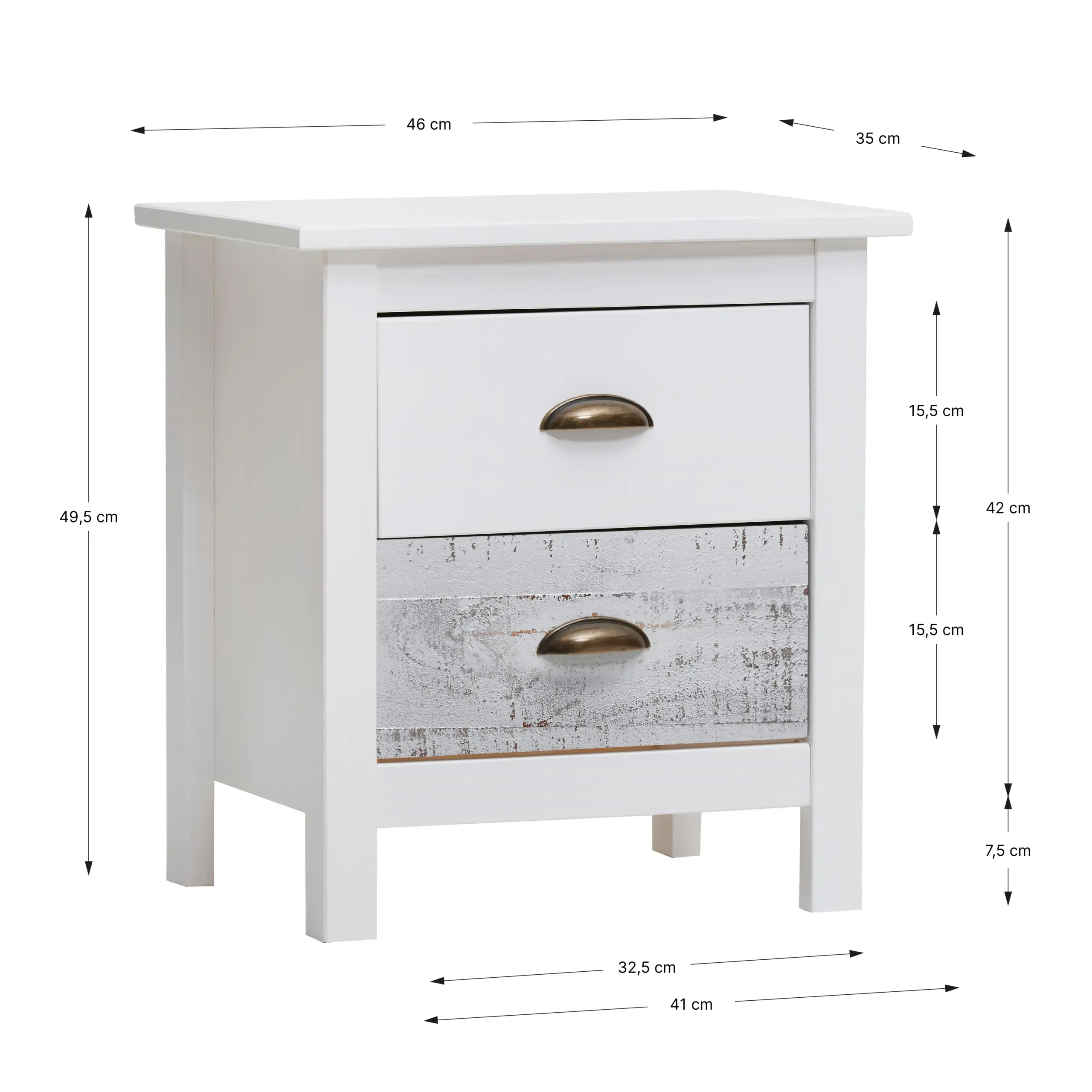 Mesita Romántica de dos cajones en blanco y multicolor fabricada en madera de pino
