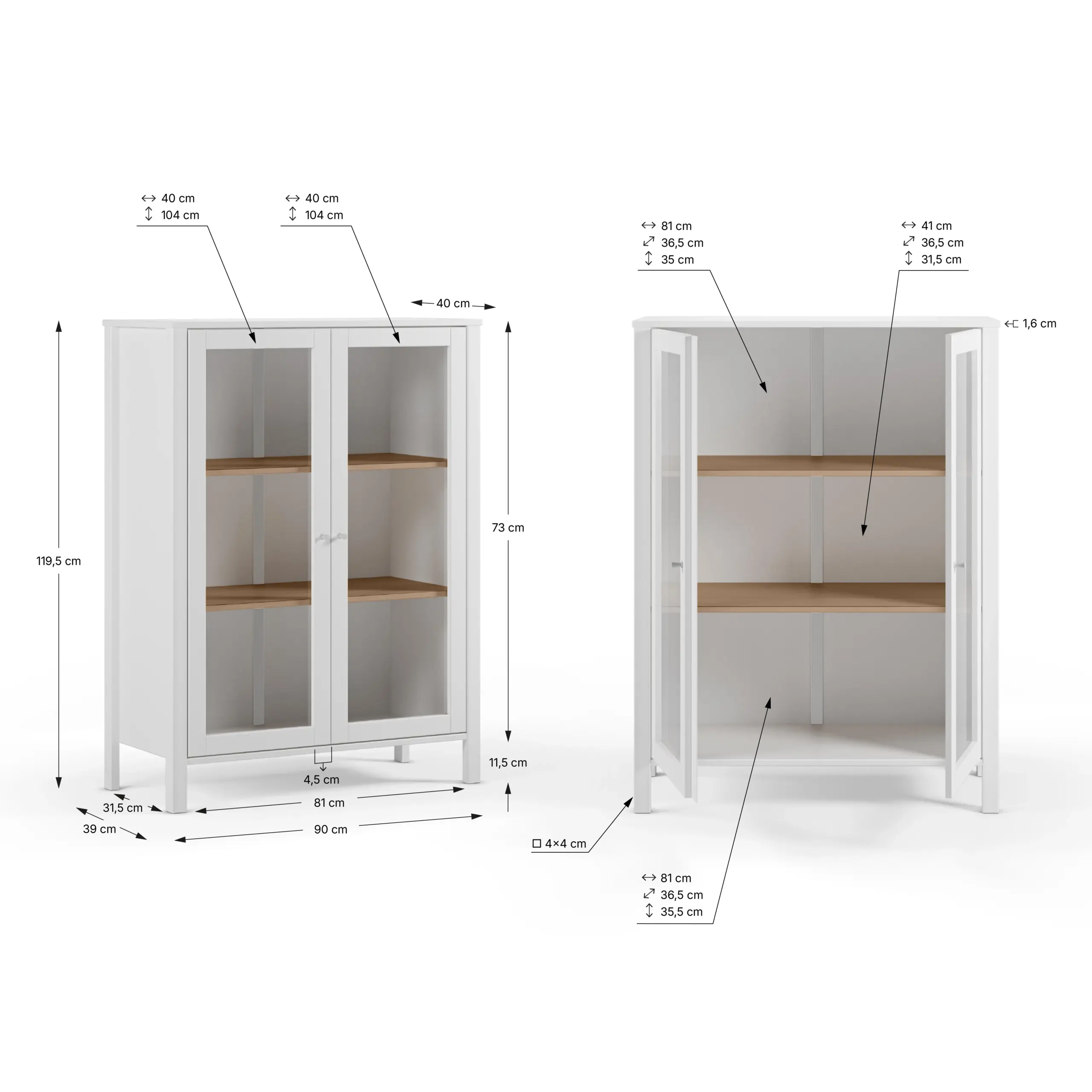 Mueble Auxiliar Alessandra Blanco con detalles en roble y puertas de cristal