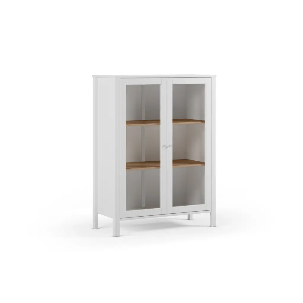Mueble Auxiliar Alessandra Blanco con detalles en roble y puertas de cristal
