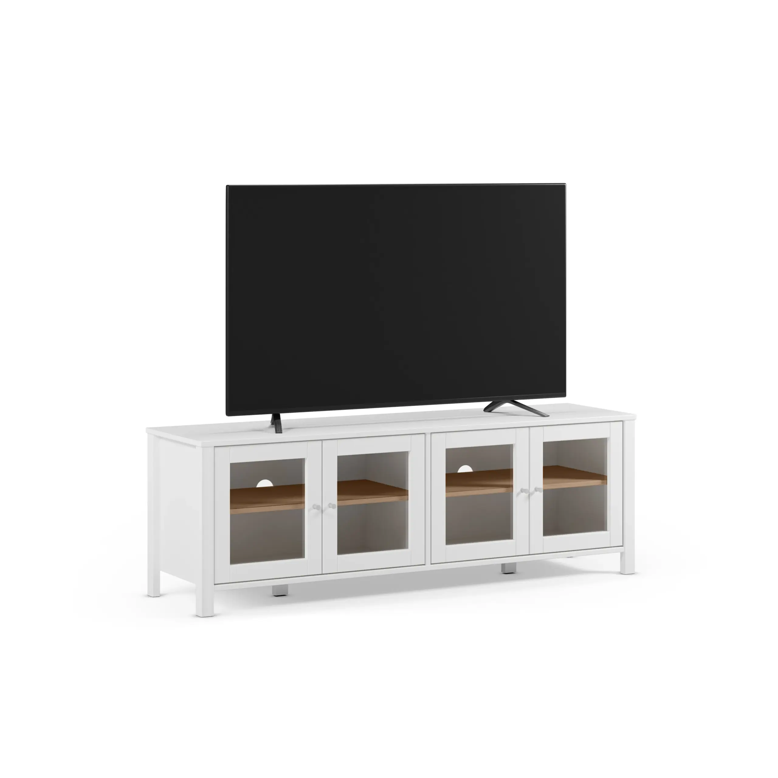 Mueble TV Alessandra Blanco con detalles en roble y cuatro puertas de cristal