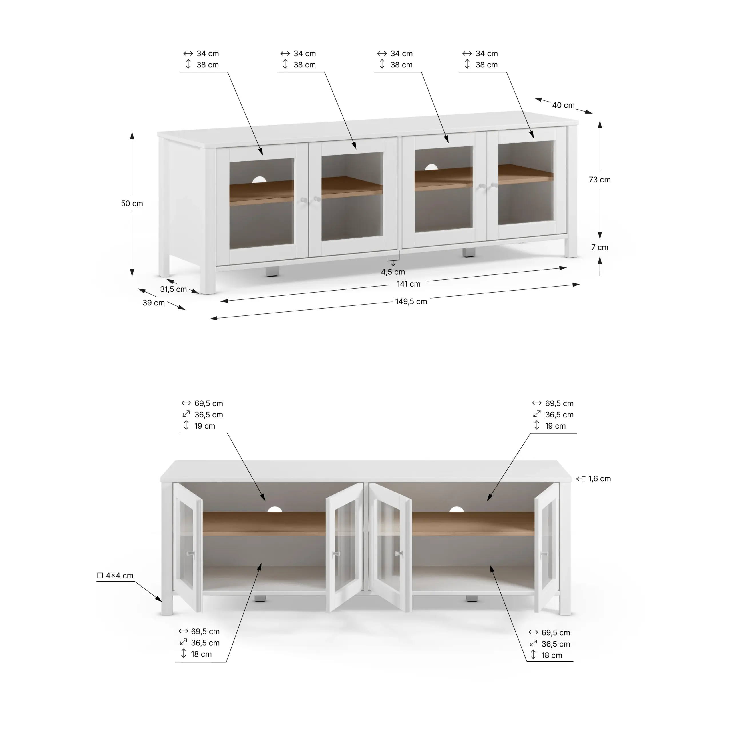 Mueble TV Alessandra Blanco con detalles en roble y cuatro puertas de cristal