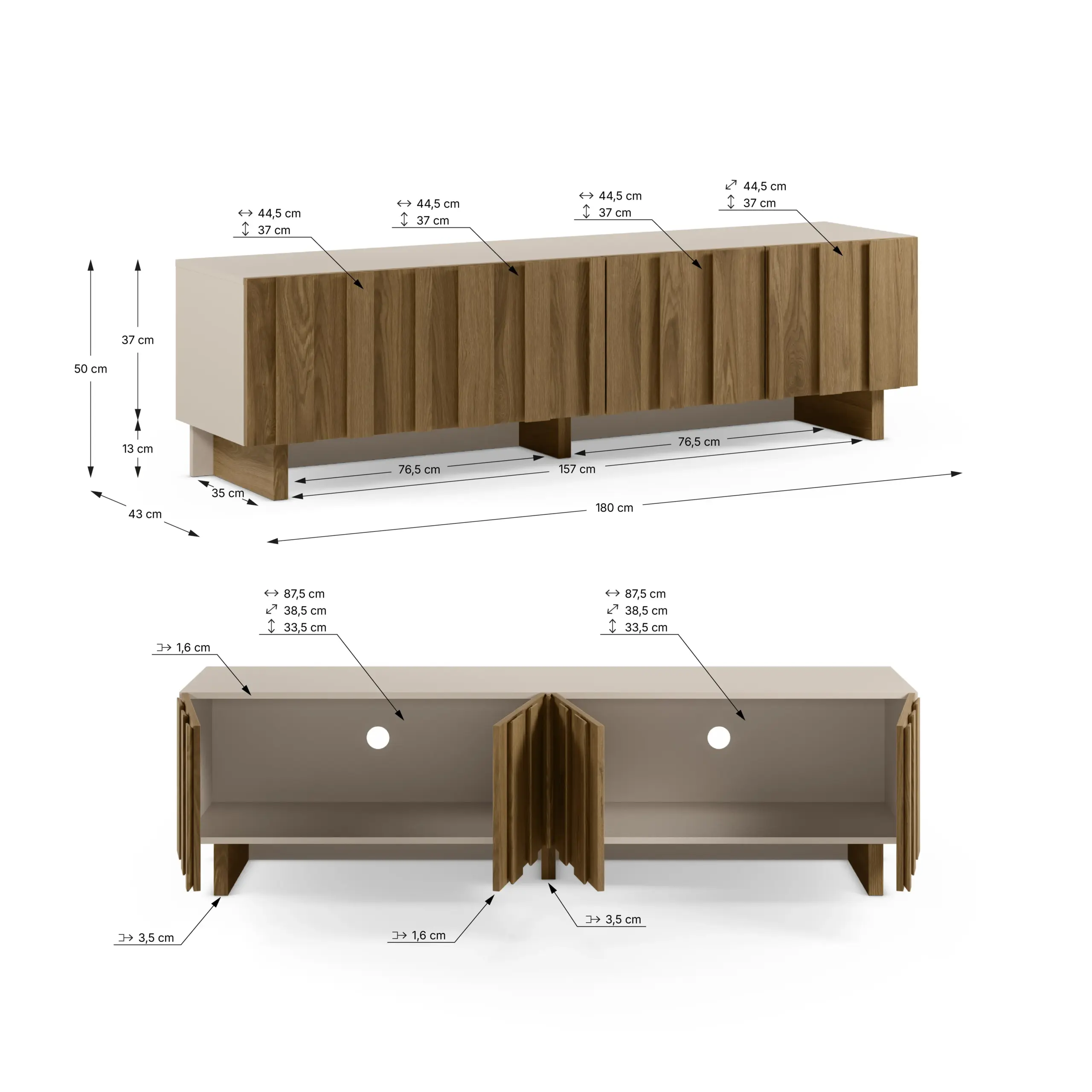 Mueble TV Marlo de cuatro puertas en crema y roble oscuro