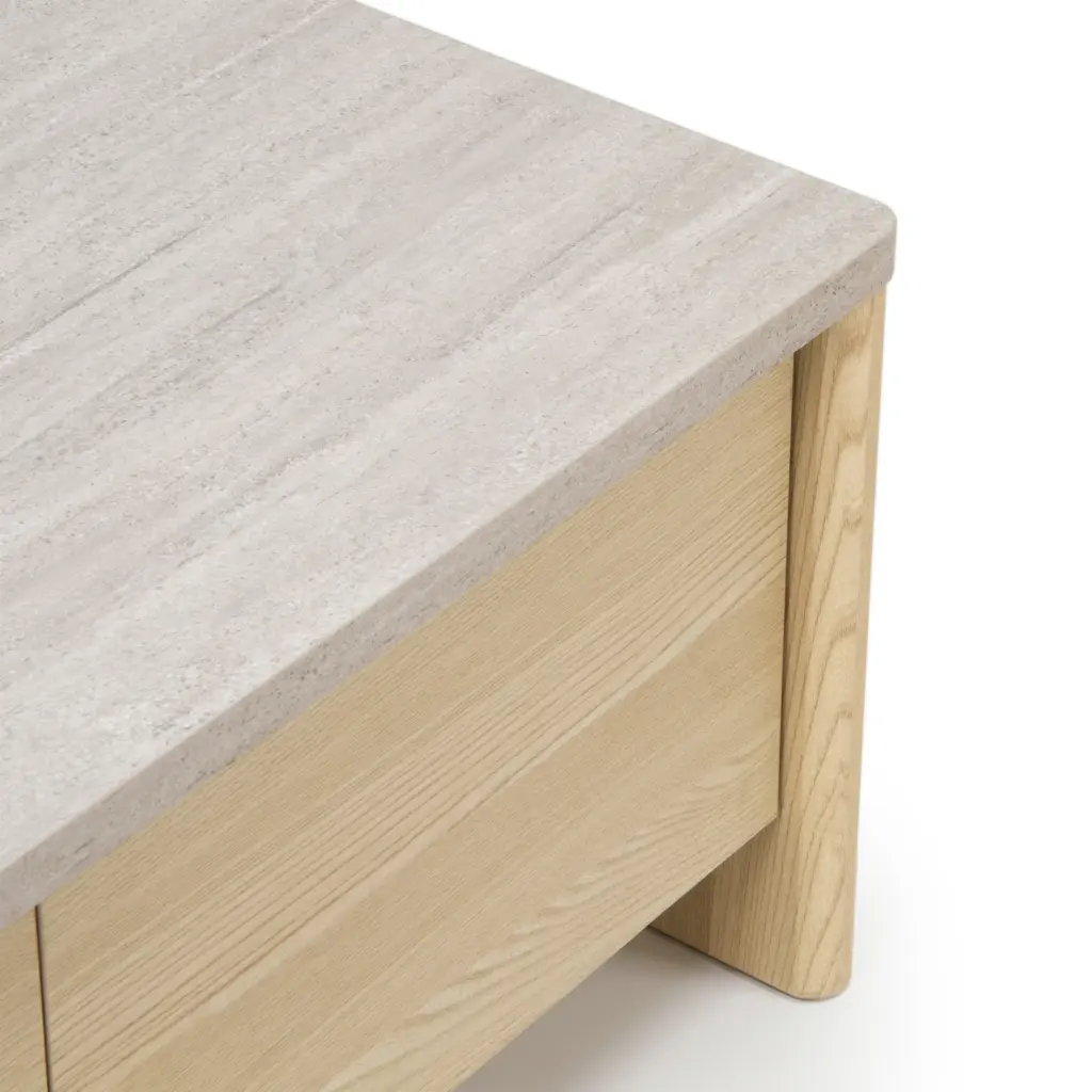 Mesa de Centro Dore Roble Claro con superficie efecto mármol y almacenamiento para salón
