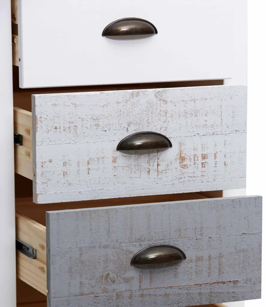 Mesita Romántica de tres cajones en blanco y multicolor fabricada en madera de pino 2_risultato