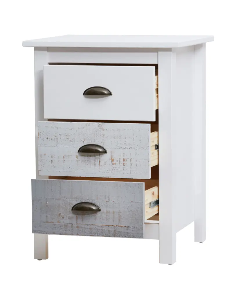 Mesita Romántica de tres cajones en blanco y multicolor fabricada en madera de pino 3_risultato