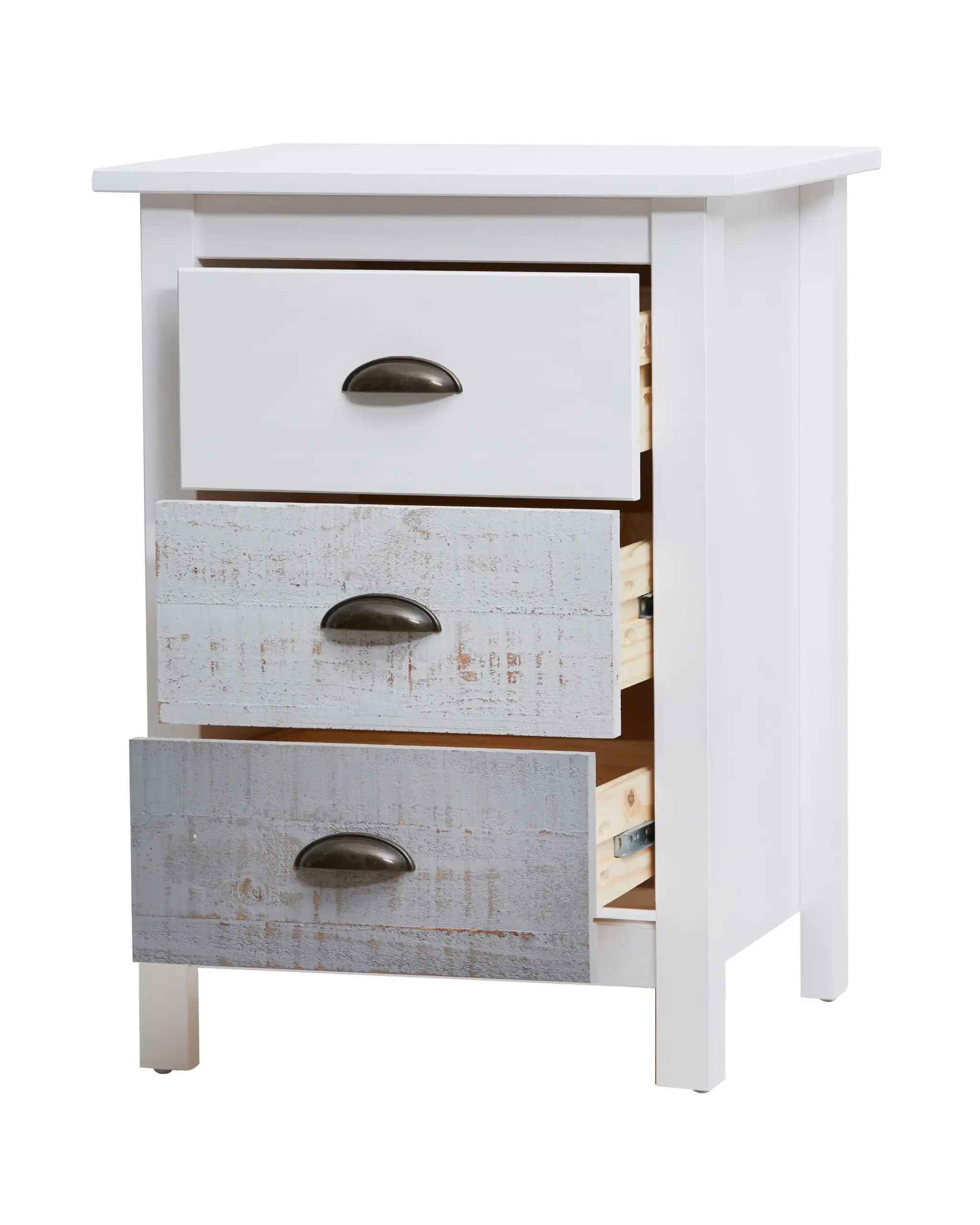 Mesita Romántica de tres cajones en blanco y multicolor fabricada en madera de pino 3_risultato