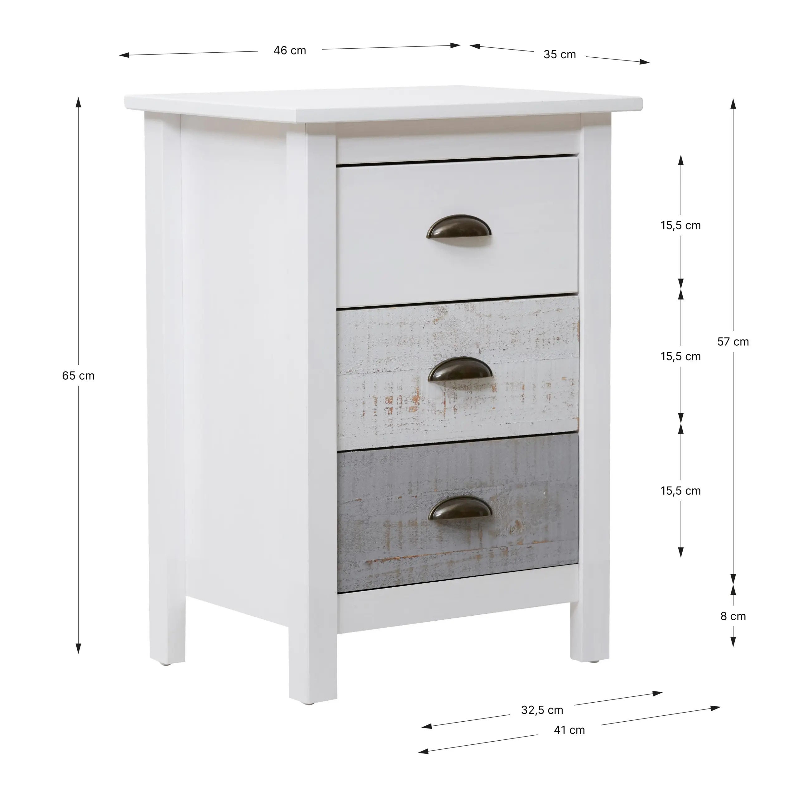 Mesita Romántica de tres cajones en blanco y multicolor fabricada en madera de pino