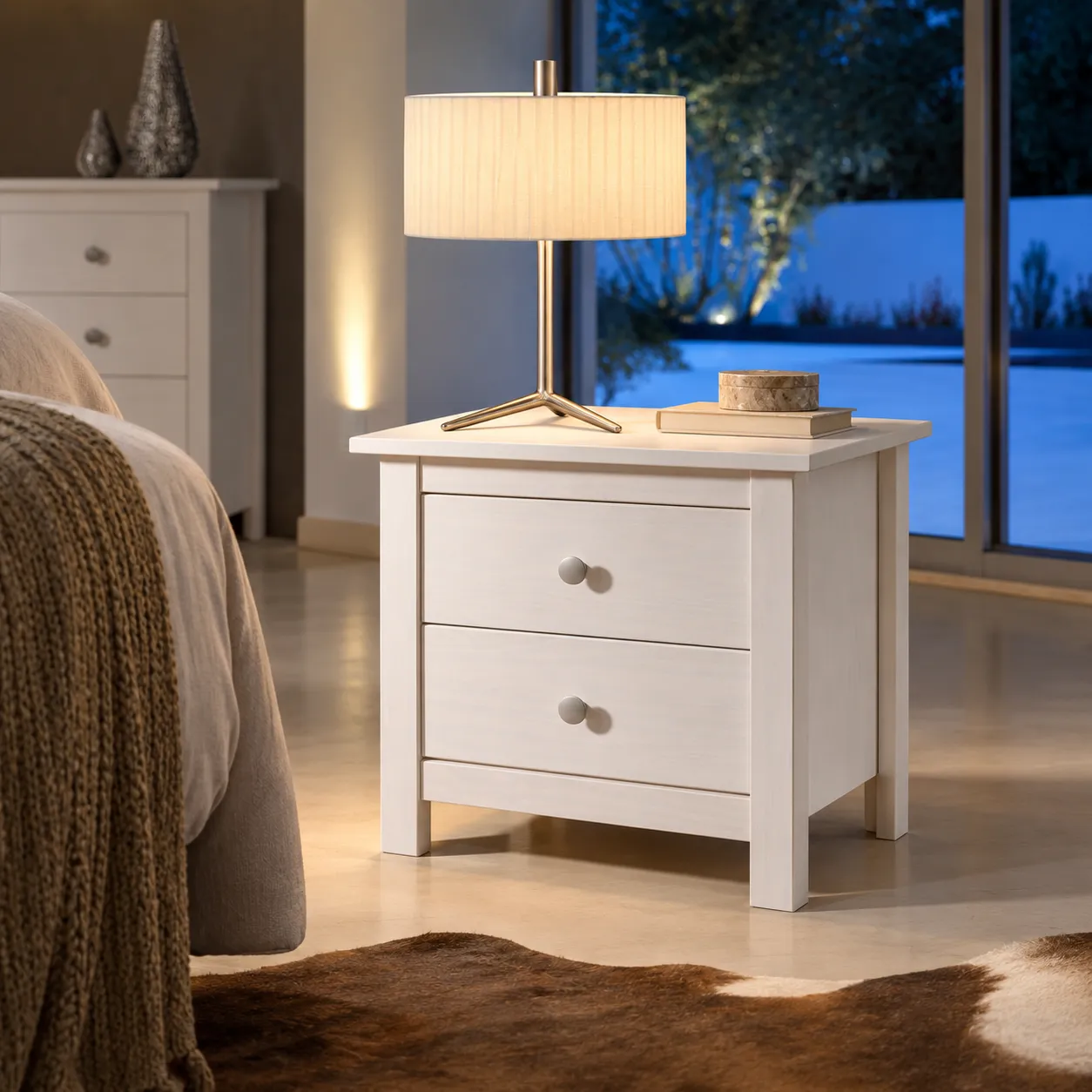 Mesita de Noche Berna Blanca de madera de pino con dos cajones para dormitorio