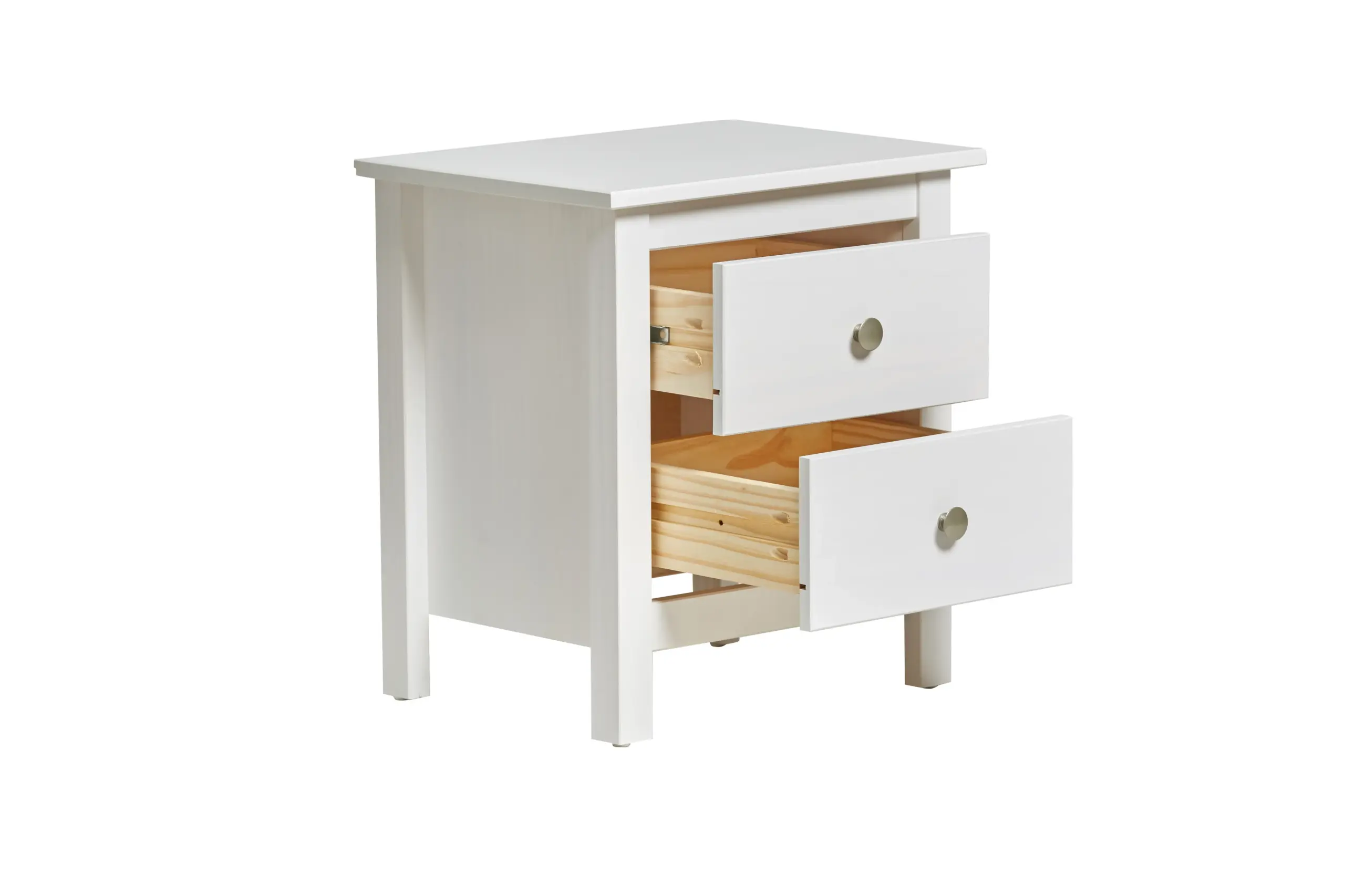 Mesita de Noche Berna con 2 Cajones en Blanco 3_risultato Mesita de Noche Berna Blanca de madera de pino con dos cajones para dormitorio
