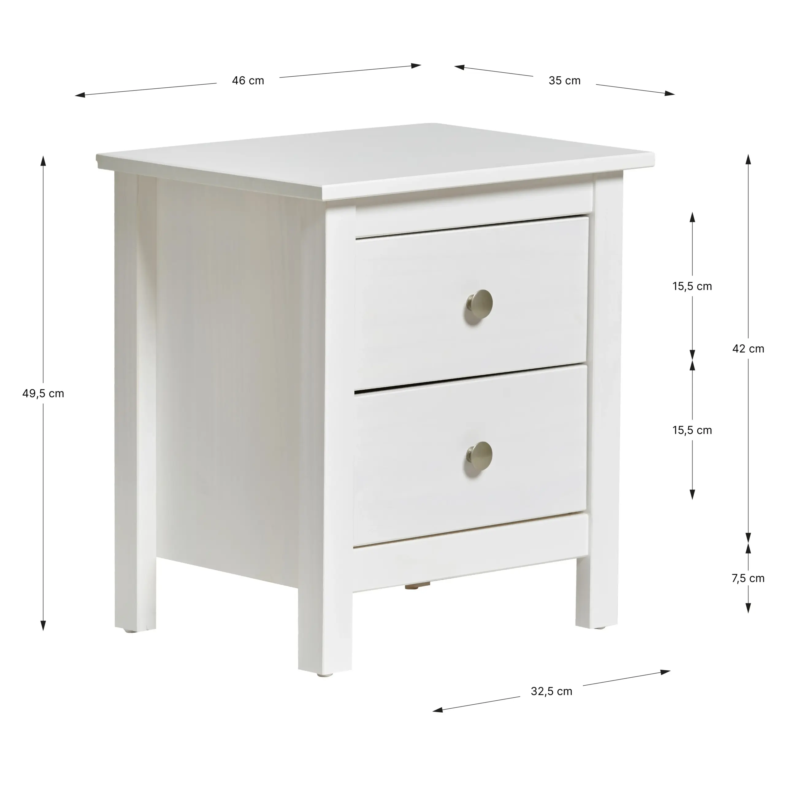Mesita de Noche Berna Blanca de madera de pino con dos cajones para dormitorio