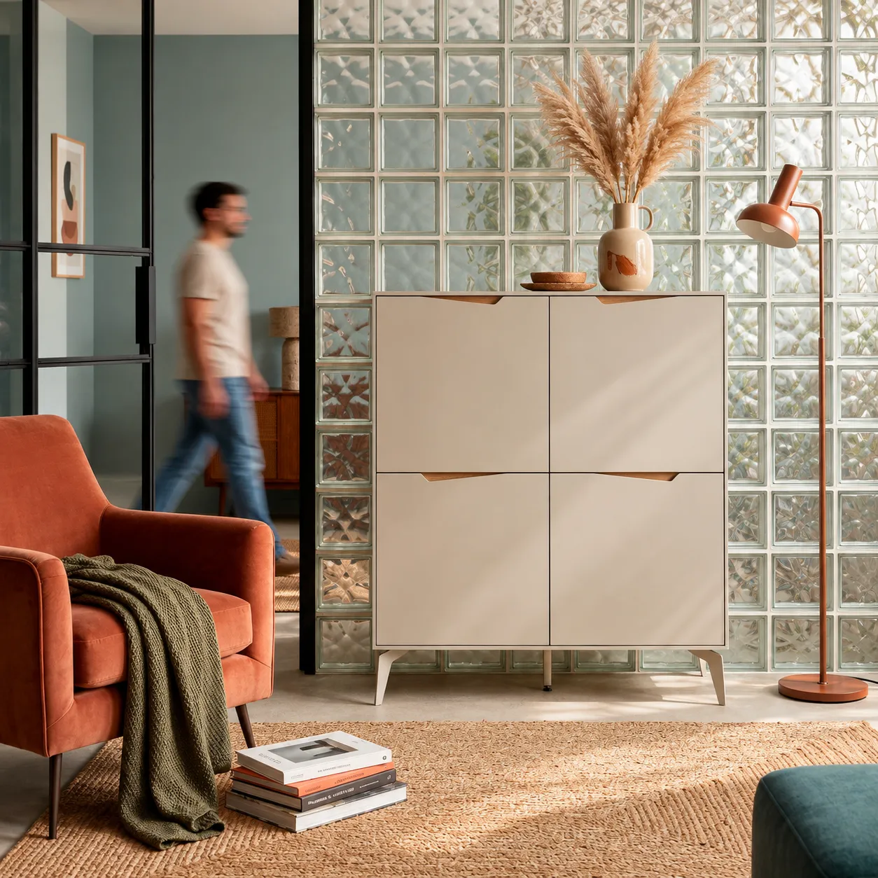 Mueble Auxiliar Alto Jaden 4 Puertas Crema Roble Pie Crema