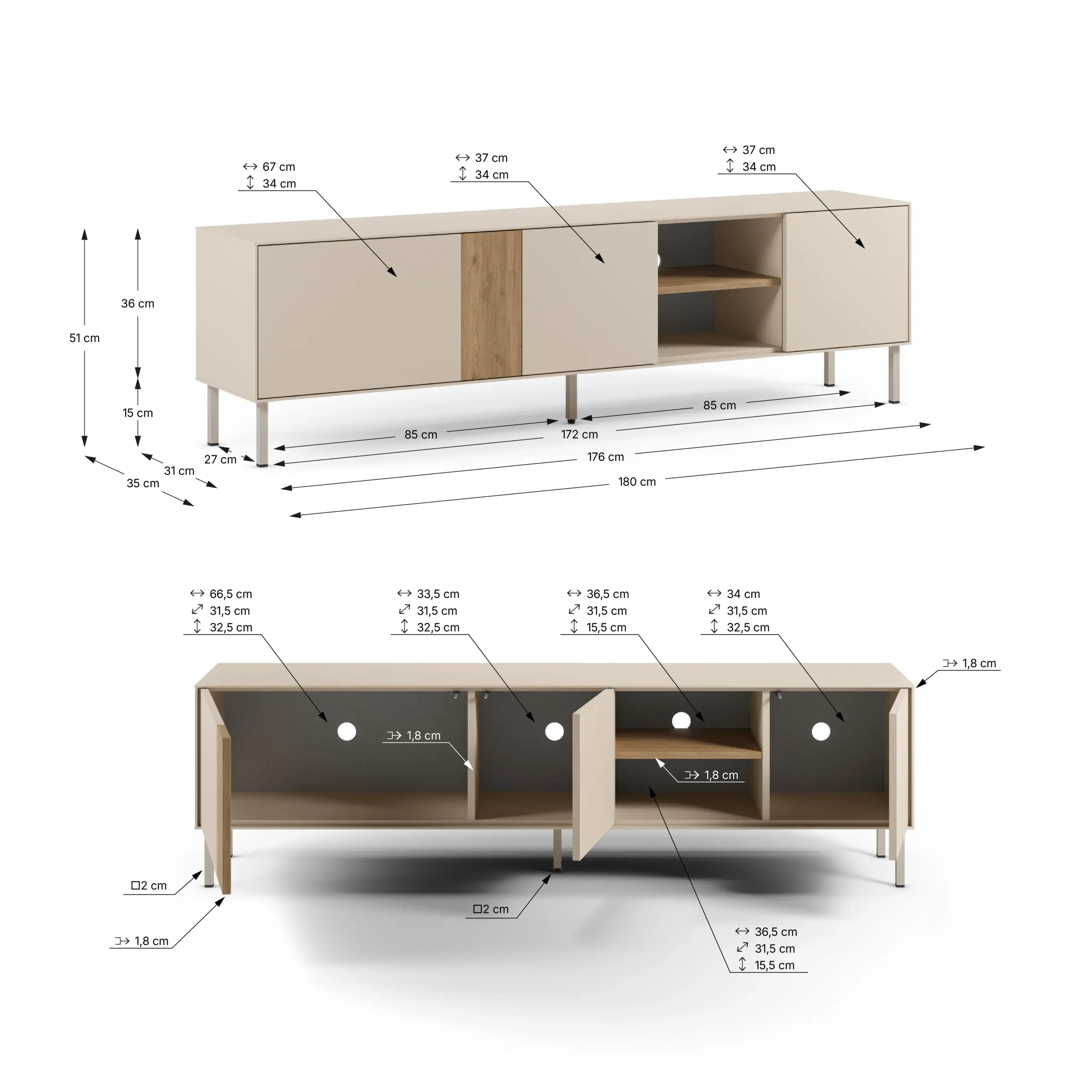 Mueble TV Marina 180 cm Crema Sepet Pie Crema