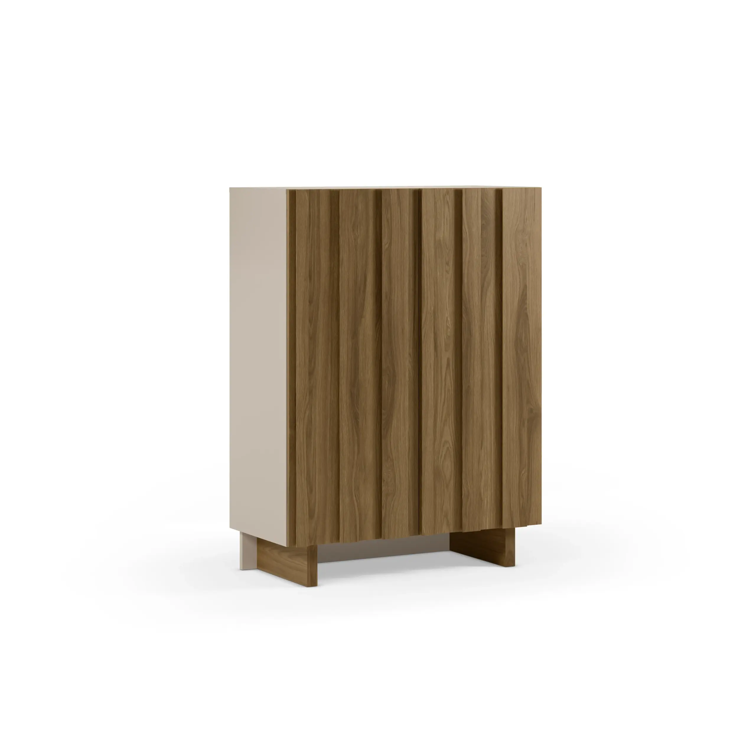 Mueble auxiliar alto Marlo crema y roble oscuro con dos puertas y relieve vertical