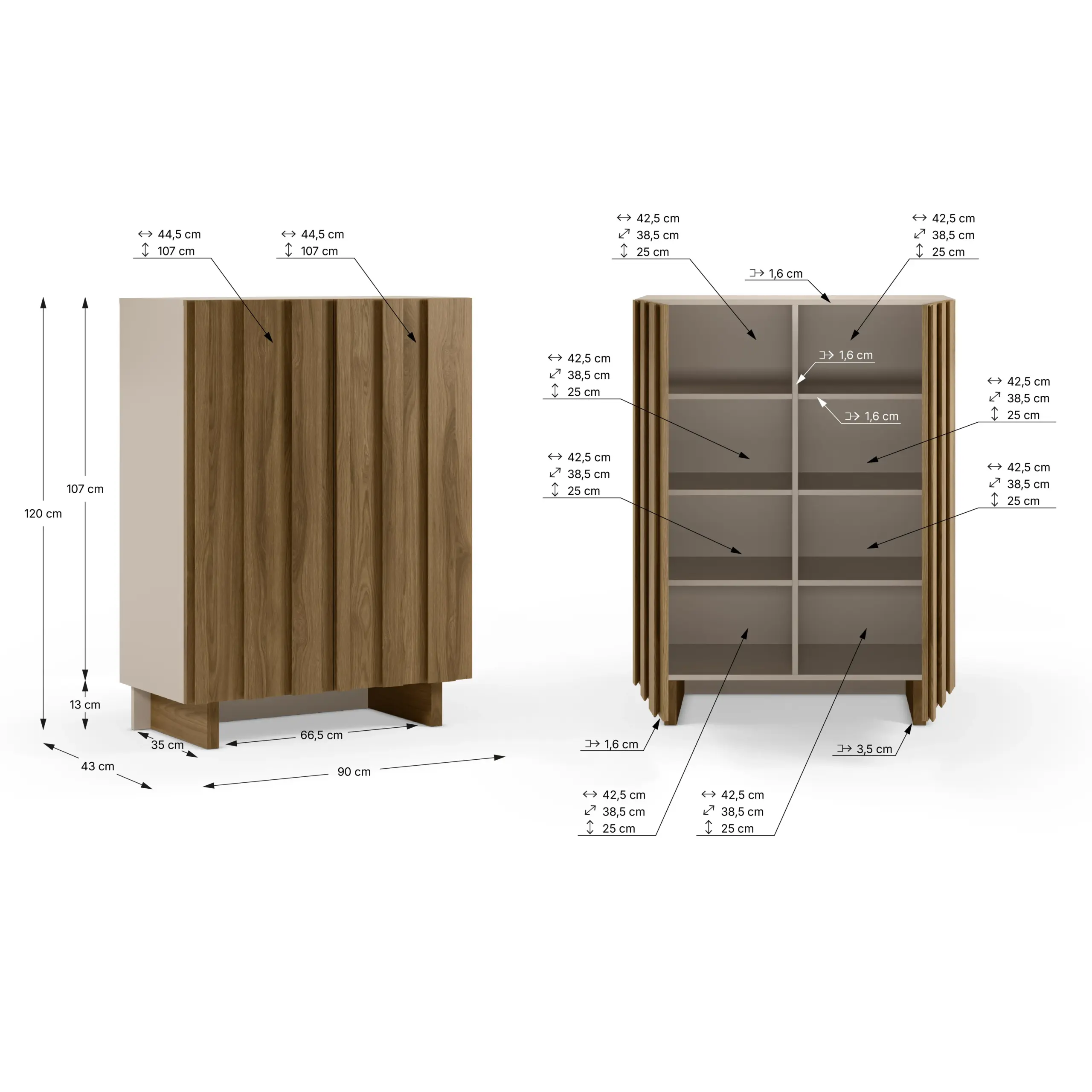 Mueble auxiliar alto Marlo crema y roble oscuro con dos puertas y relieve vertical