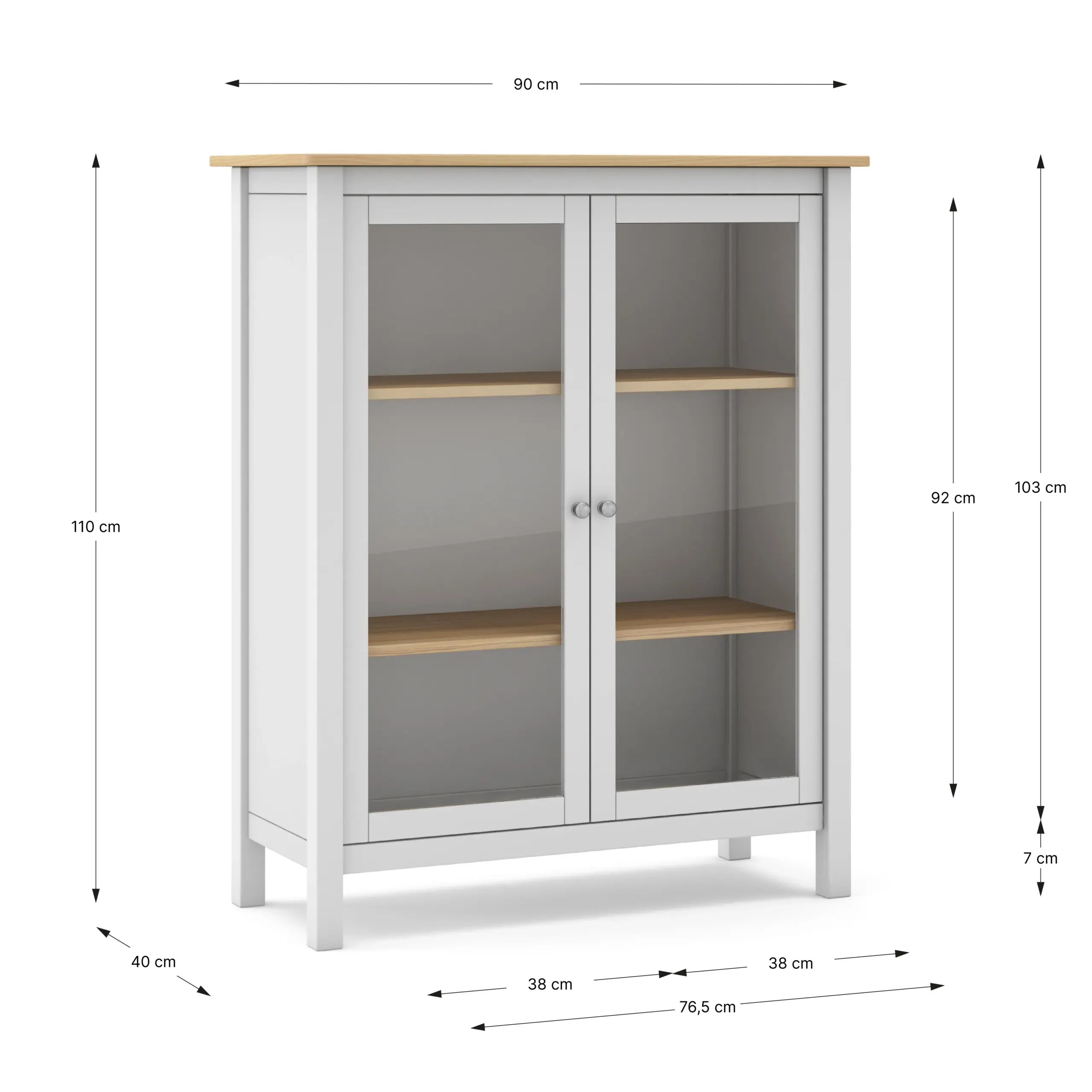 Vitrina Misti de dos puertas blanca y roble con cristal y estantes interiores