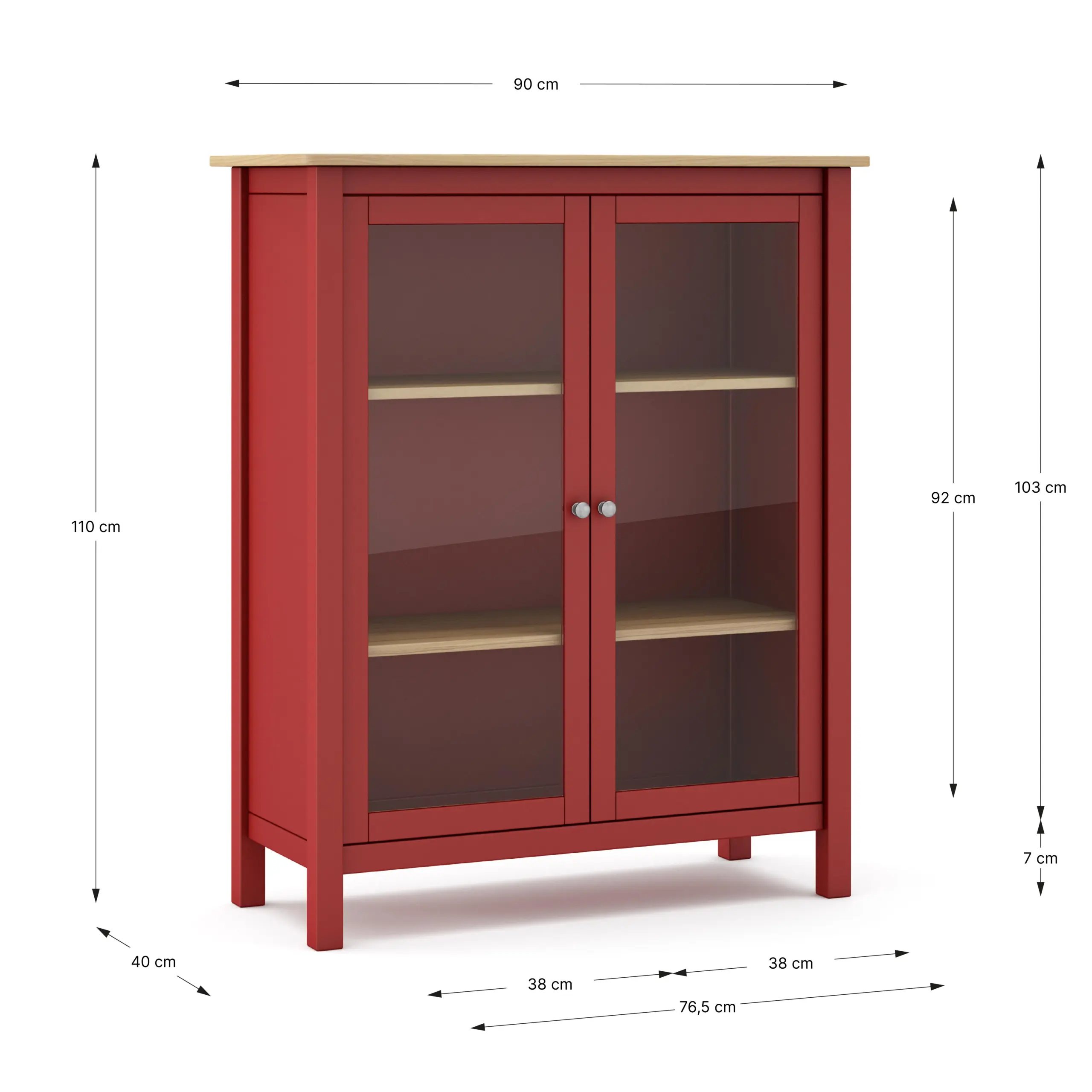 Vitrina Misti de dos puertas en burdeos y roble con cristal y estantes interiores