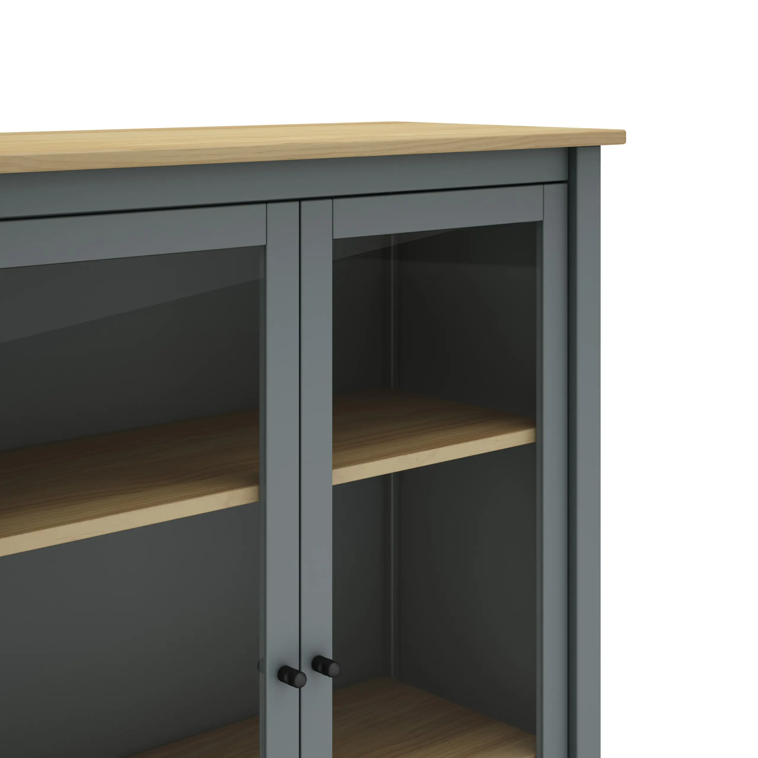 Vitrina Misti de dos puertas en verde kaki y roble con cristal y estantes interiores