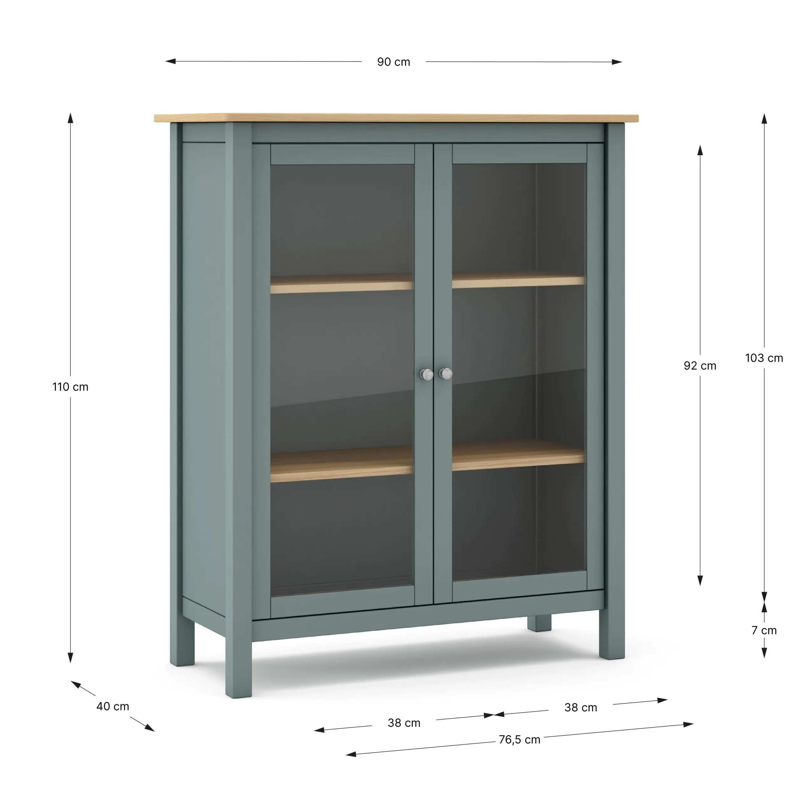 Vitrina Misti de dos puertas en verde kaki y roble con cristal y estantes interiores