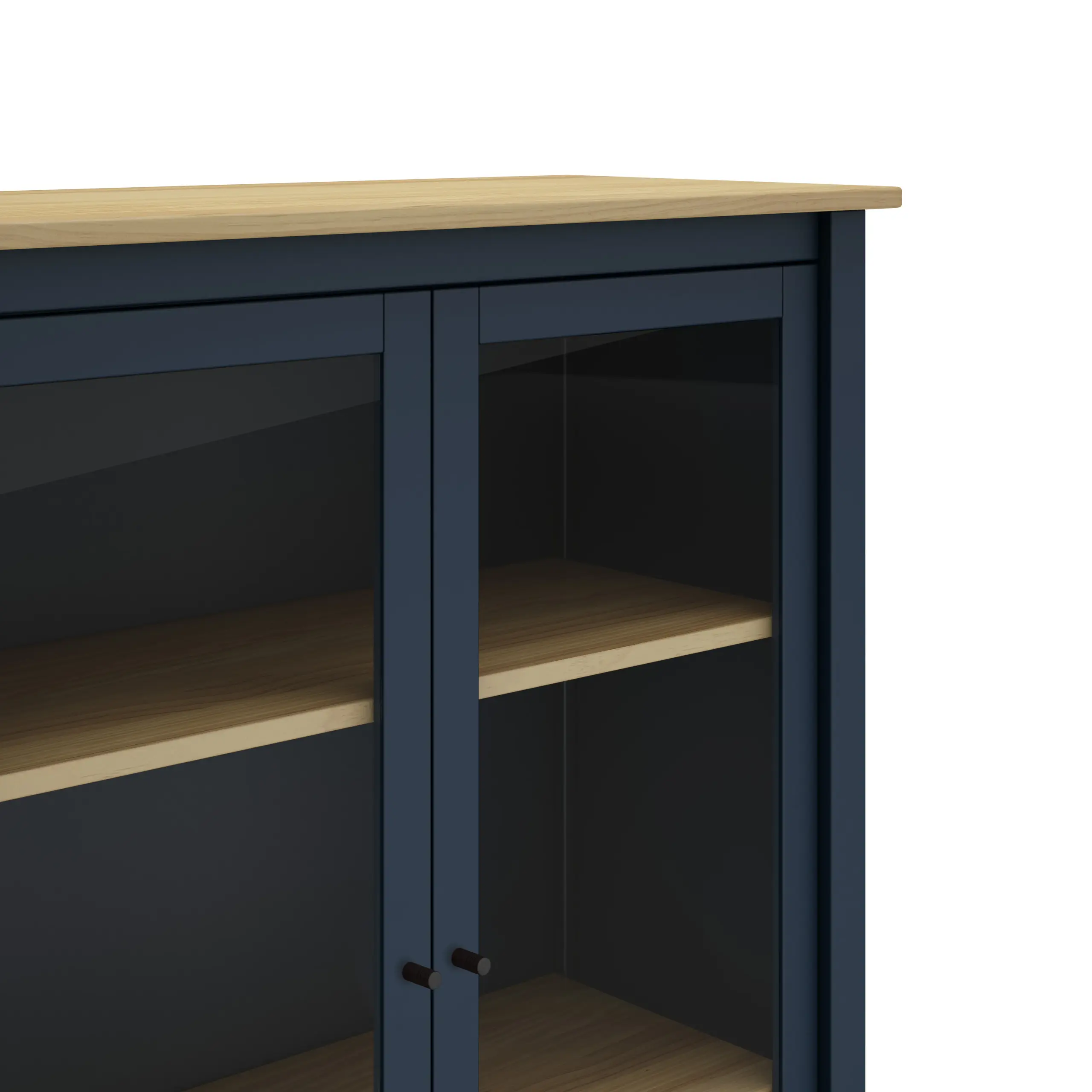 Vitrina Misti de dos puertas en azul y roble con cristal y estantes interiores 2_risultato