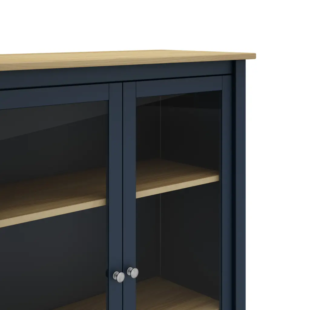 Vitrina Misti de dos puertas en azul y roble con cristal y estantes interiores 3_risultato