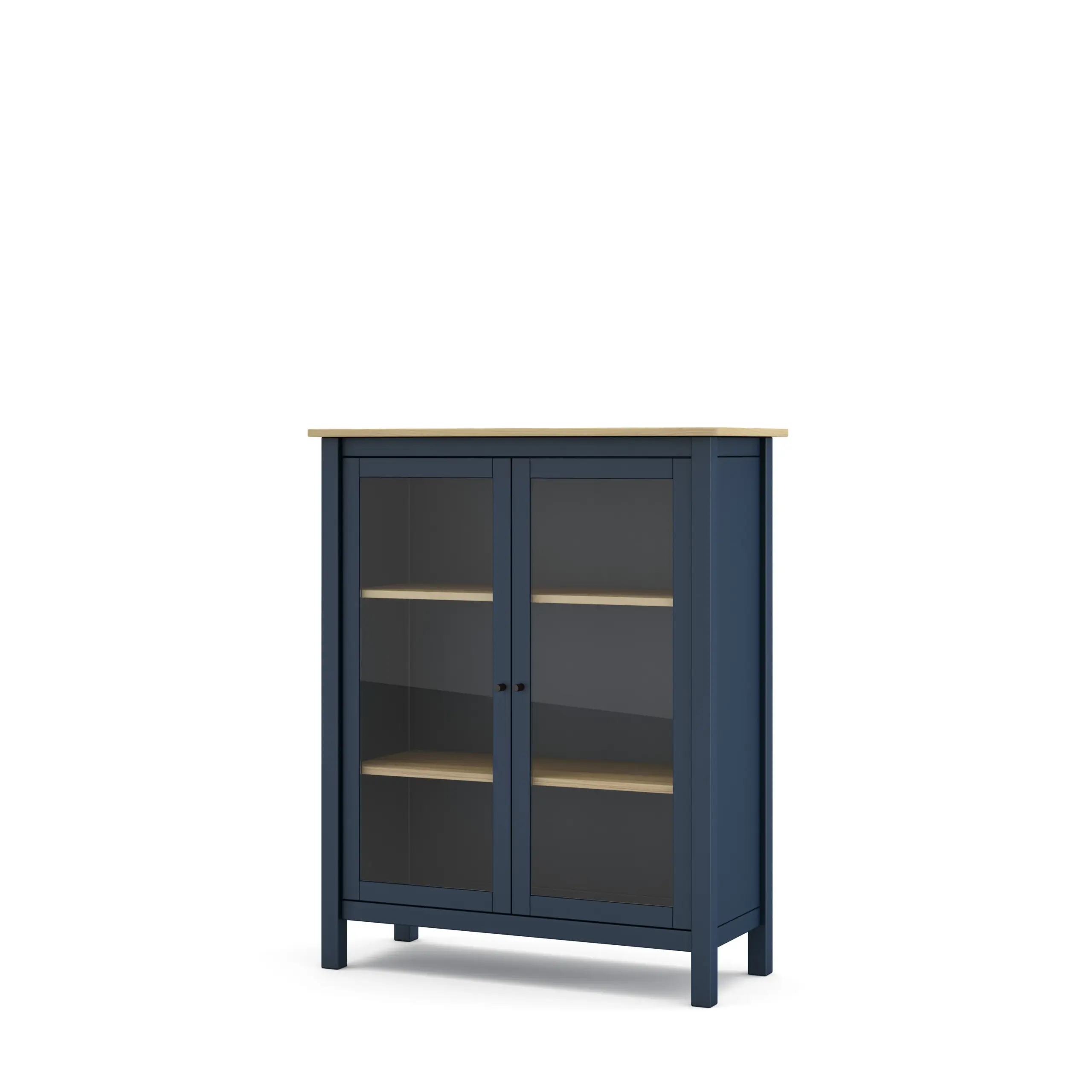 Vitrina Misti de dos puertas en azul y roble con cristal y estantes interiores 4_risultato