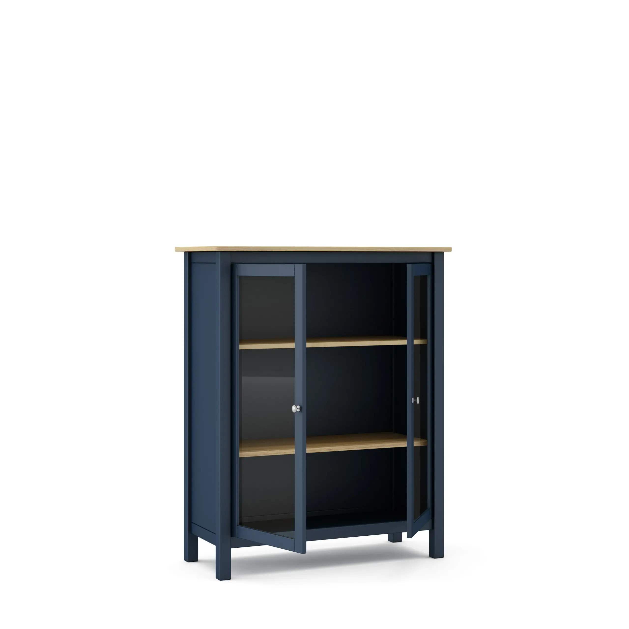 Vitrina Misti de dos puertas en azul y roble con cristal y estantes interiores 5_risultato