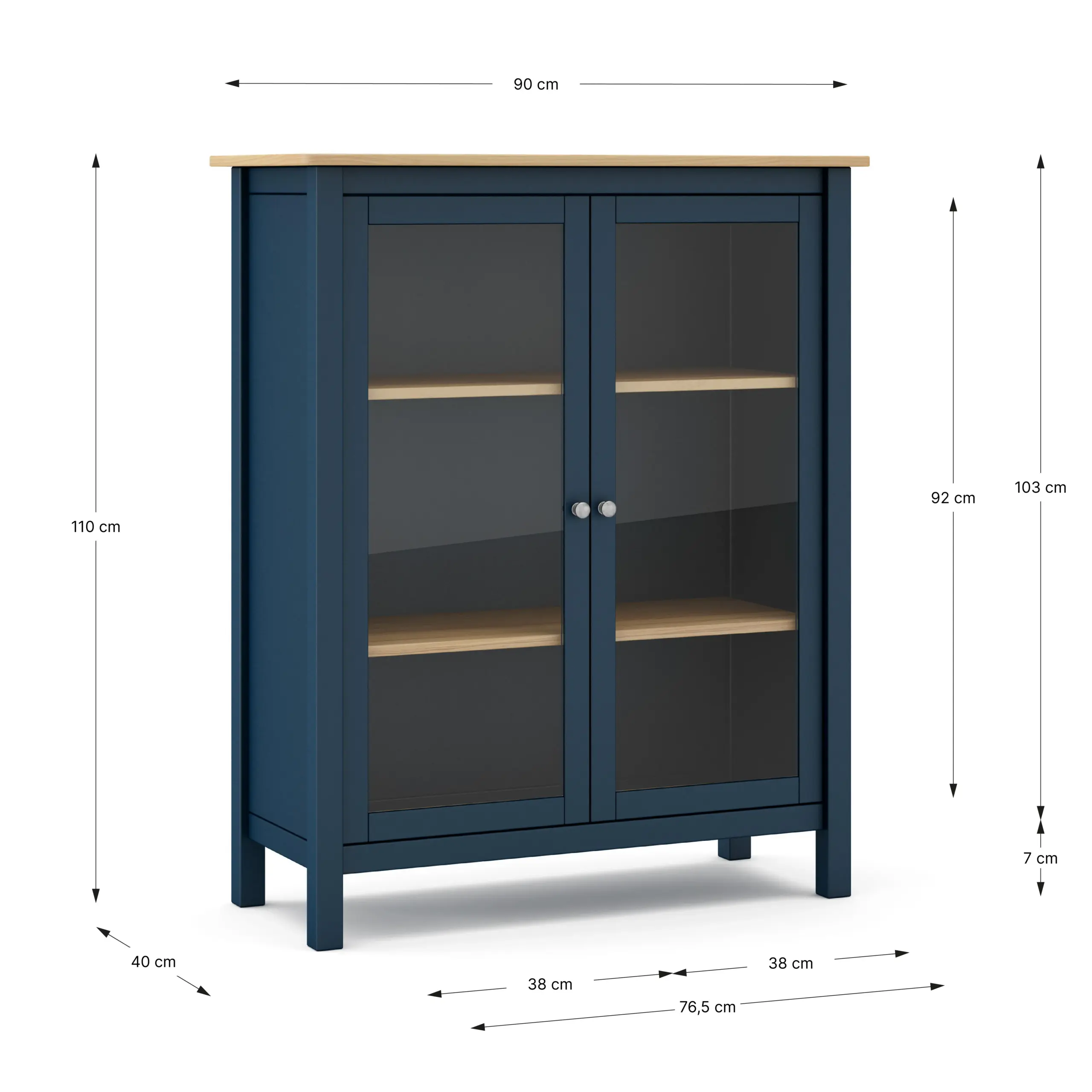 Vitrina Misti de dos puertas en azul y roble con cristal y estantes interiores