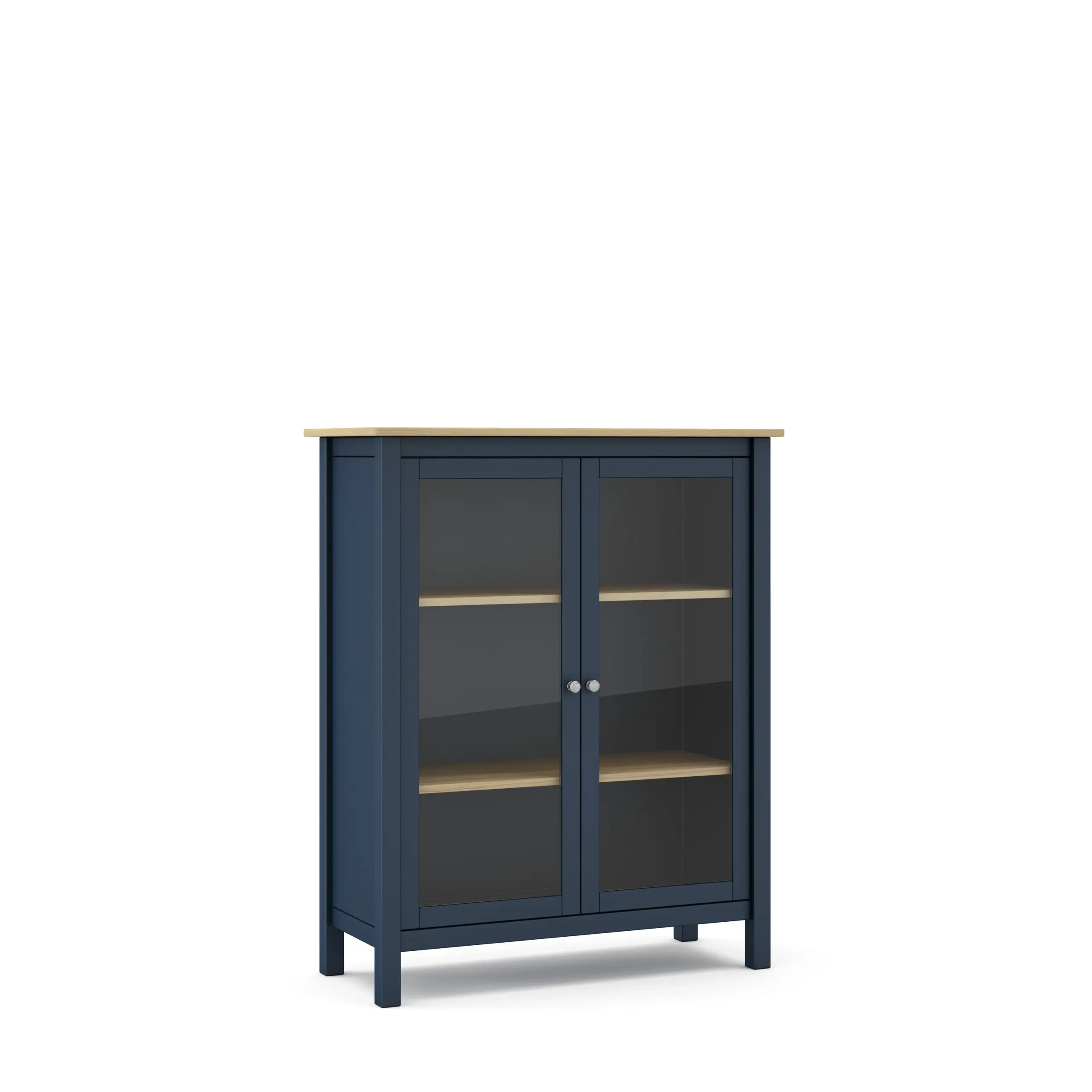 Vitrina Misti de dos puertas en azul y roble con cristal y estantes interiores_risultato