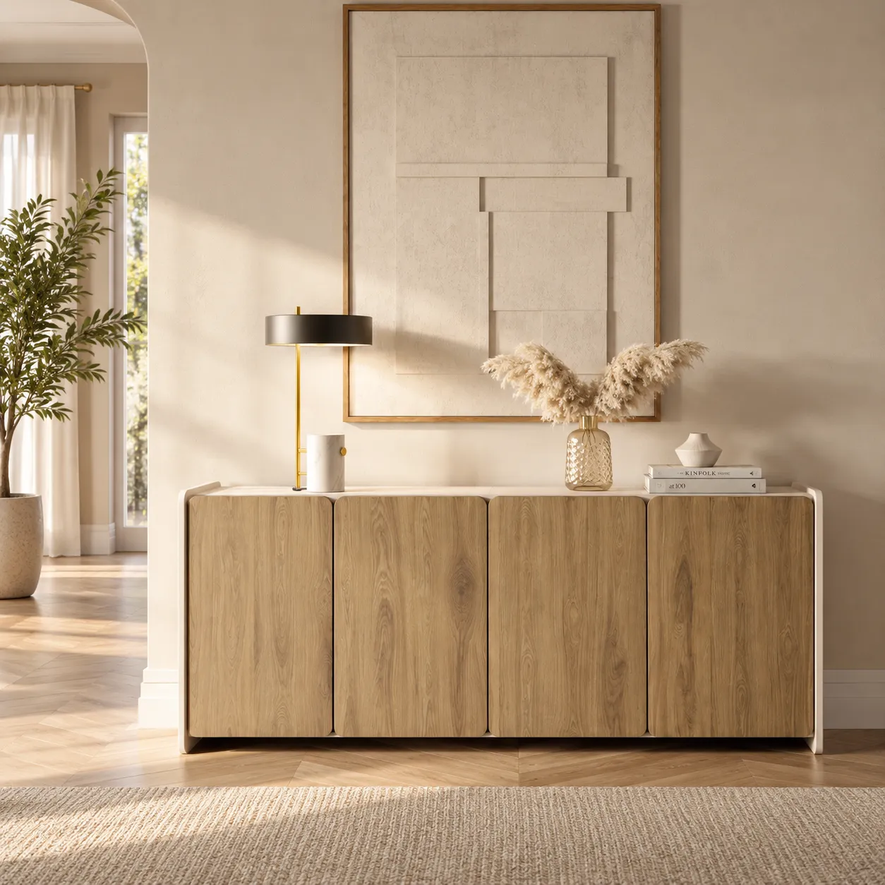 Aparador Boucleon 4 puertas 180cm Crema y Roble-UD