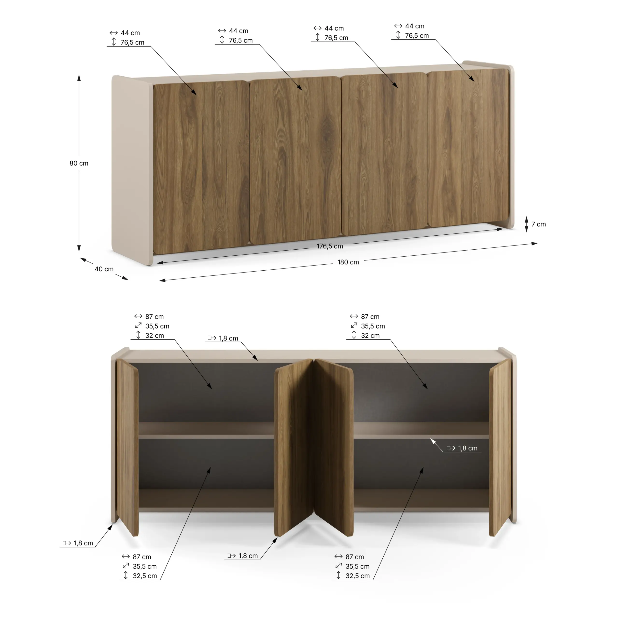 Aparador Boucleon de cuatro puertas en crema y roble-UD de 180 cm.