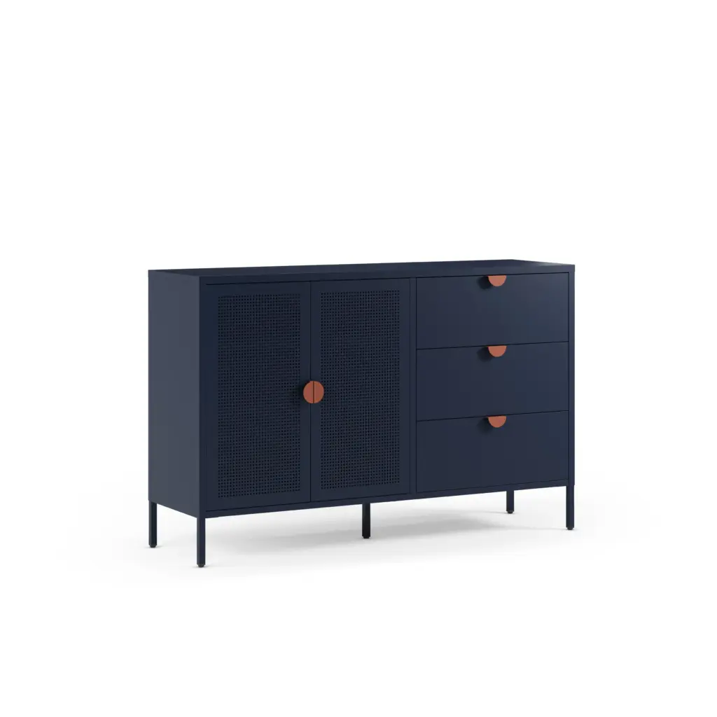 Aparador Sayla azul oscuro con dos puertas, tres cajones y tiradores en tono madera