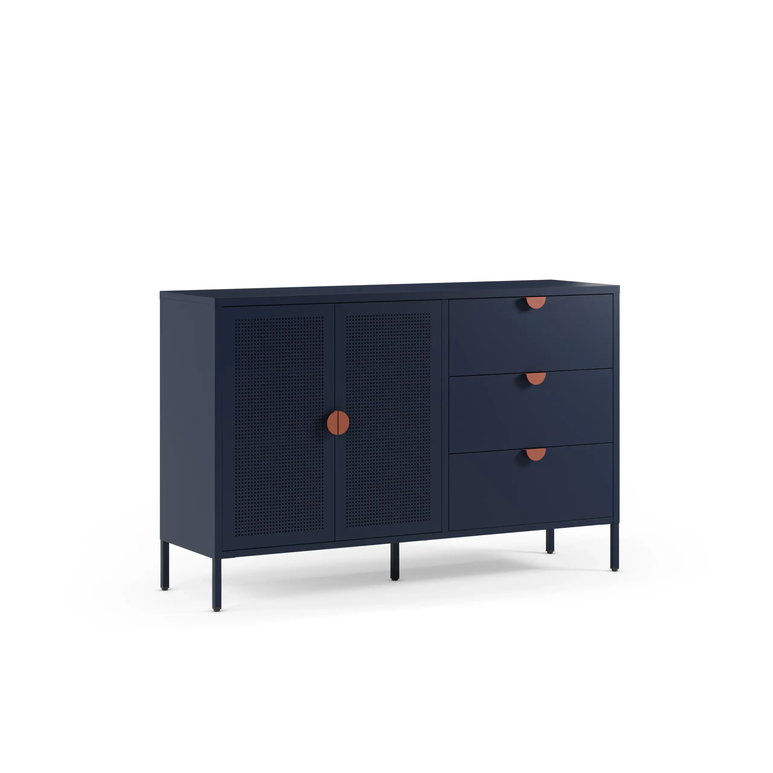 Aparador Sayla azul oscuro con dos puertas, tres cajones y tiradores en tono madera
