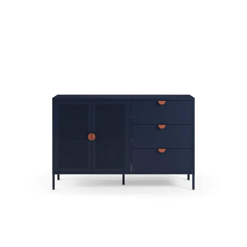 Aparador Sayla azul oscuro con dos puertas, tres cajones y tiradores en tono madera