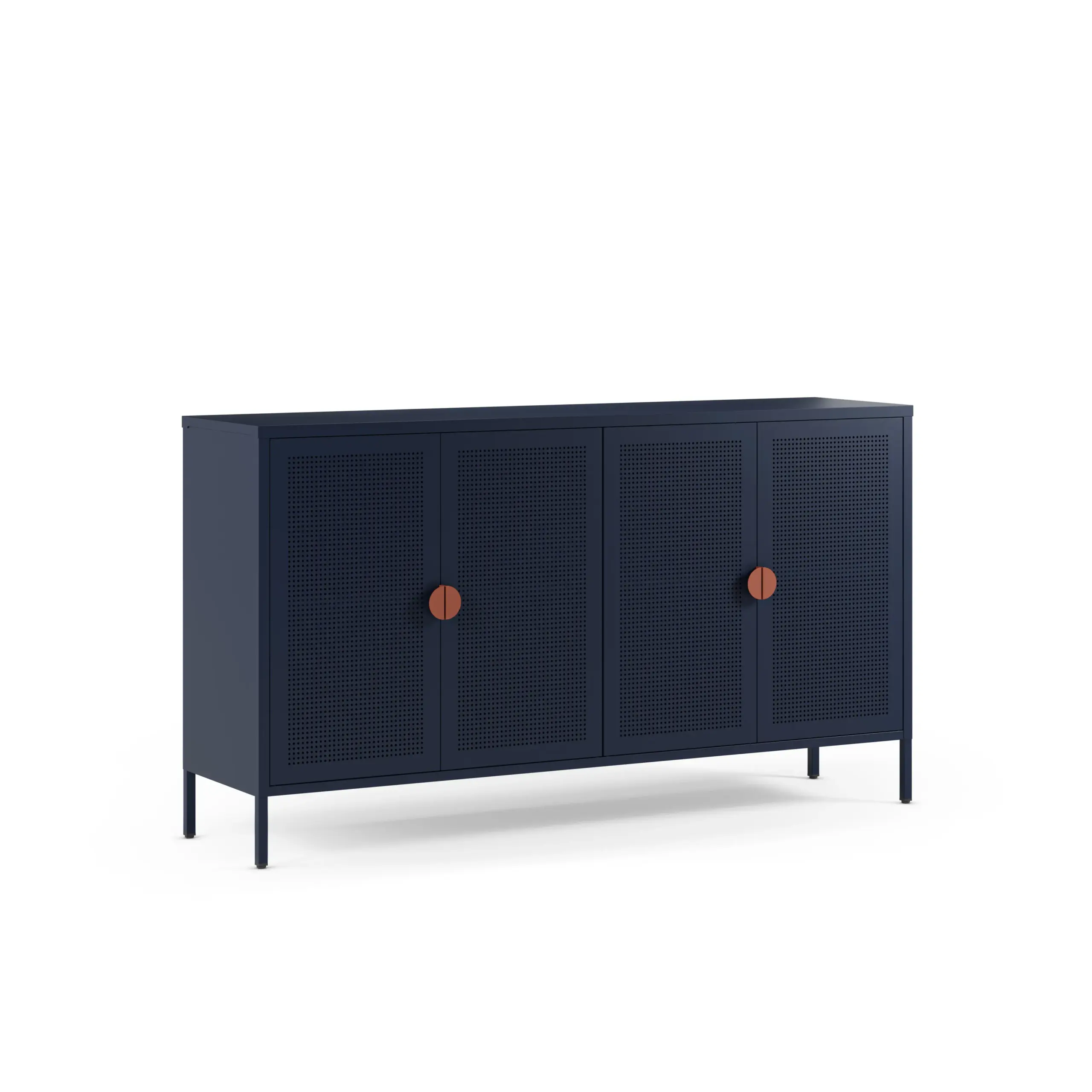 Aparador Sayla de 160 cm azul oscuro con cuatro puertas y tiradores terracota.