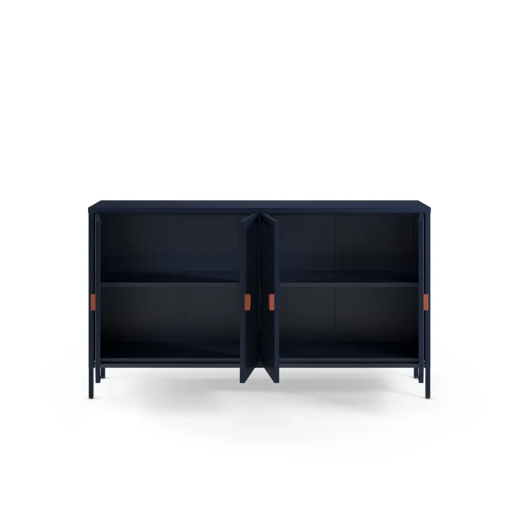 Aparador Sayla de 160 cm azul oscuro con cuatro puertas y tiradores terracota. 2_risultato
