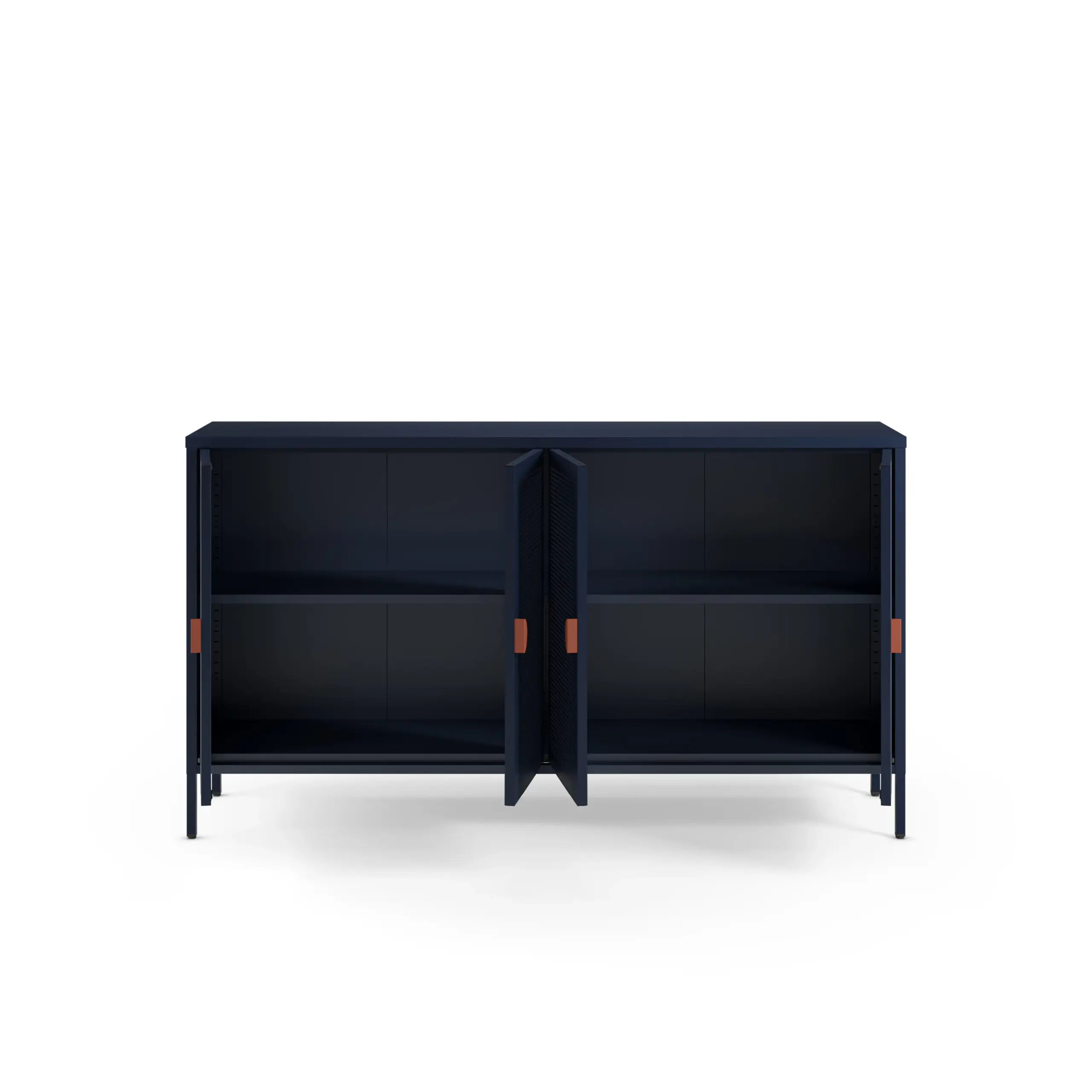 Aparador Sayla de 160 cm azul oscuro con cuatro puertas y tiradores terracota. 2_risultato
