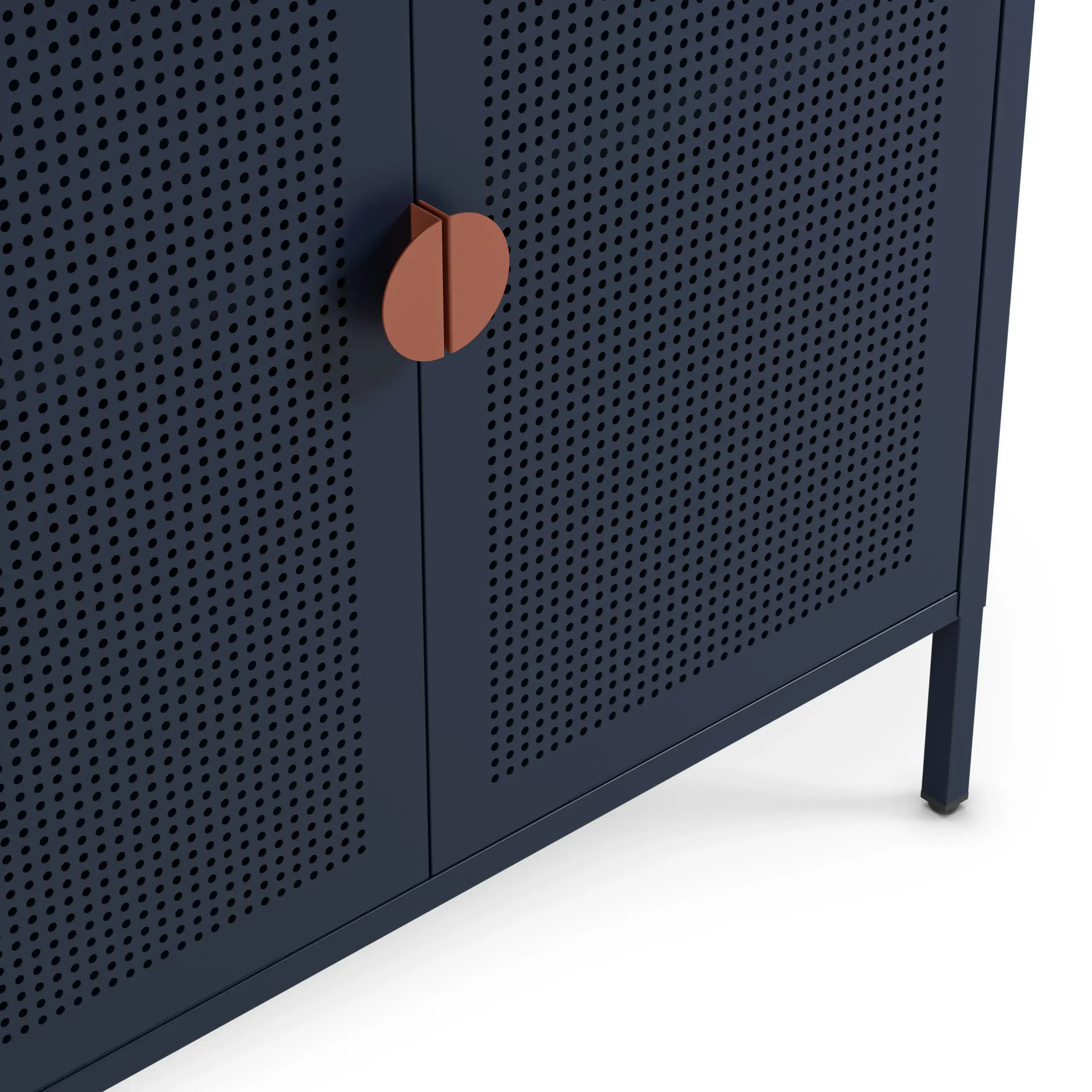 Aparador Sayla de 160 cm azul oscuro con cuatro puertas y tiradores terracota. 3_risultato