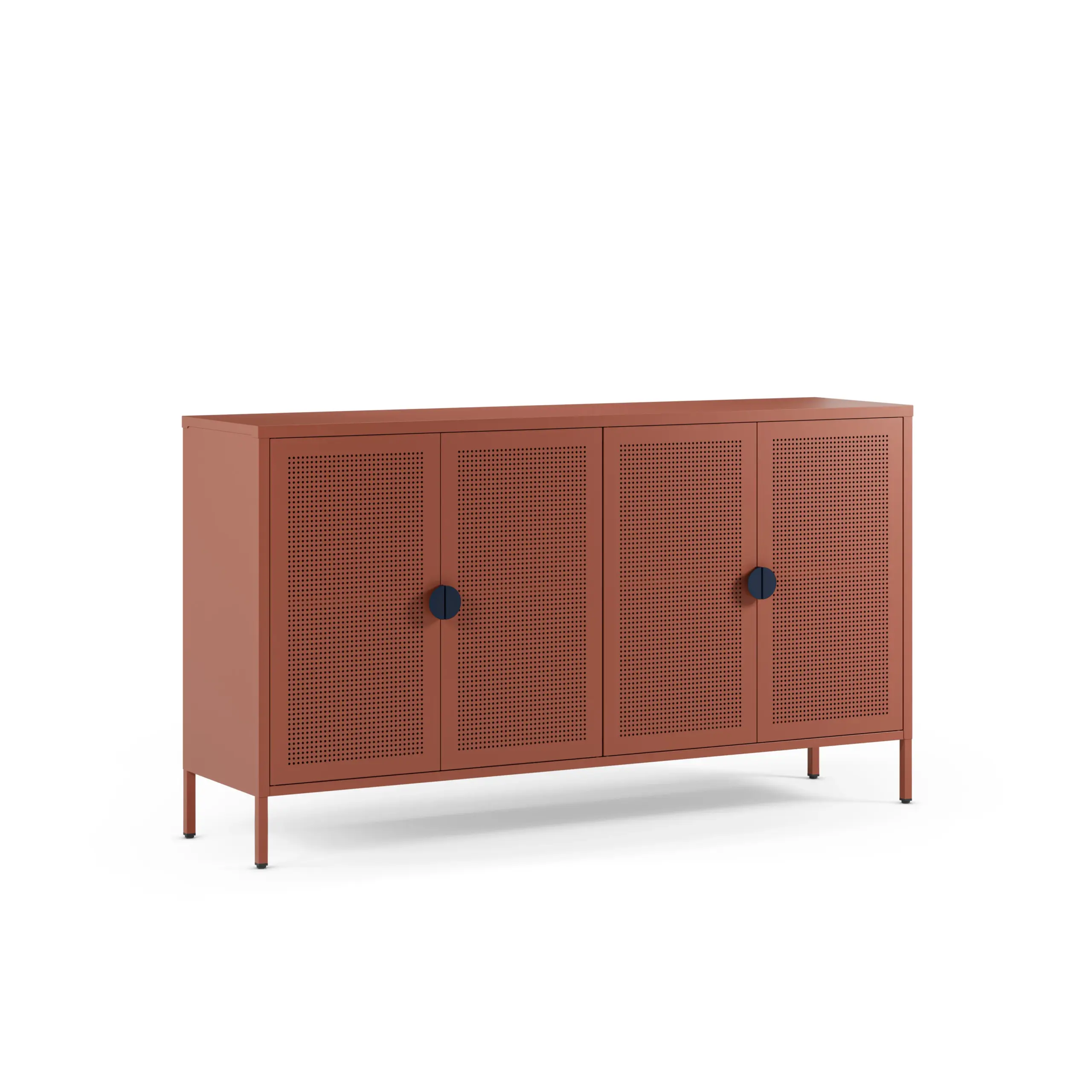 Aparador Sayla terracota de 160 cm con cuatro puertas y tiradores oscuros.