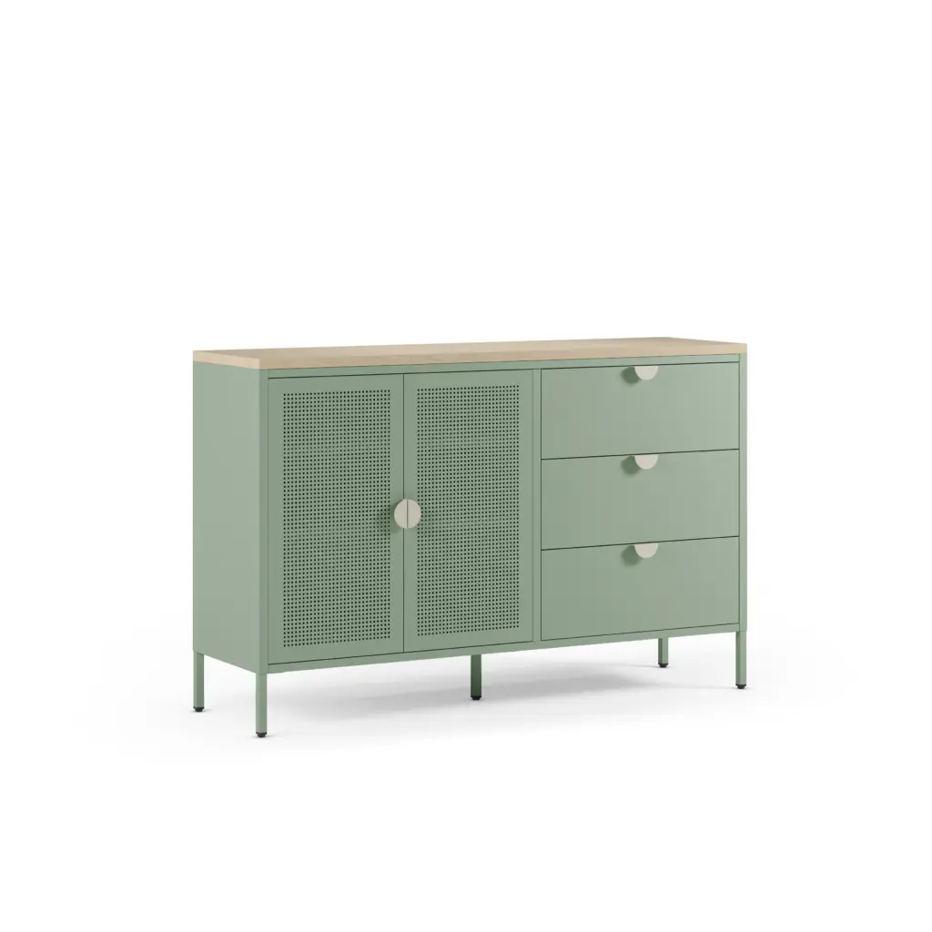 Aparador Sayla verde menta y roble con dos puertas y tres cajones 1_risultato Aparador Sayla verde menta y roble con dos puertas y tres cajones