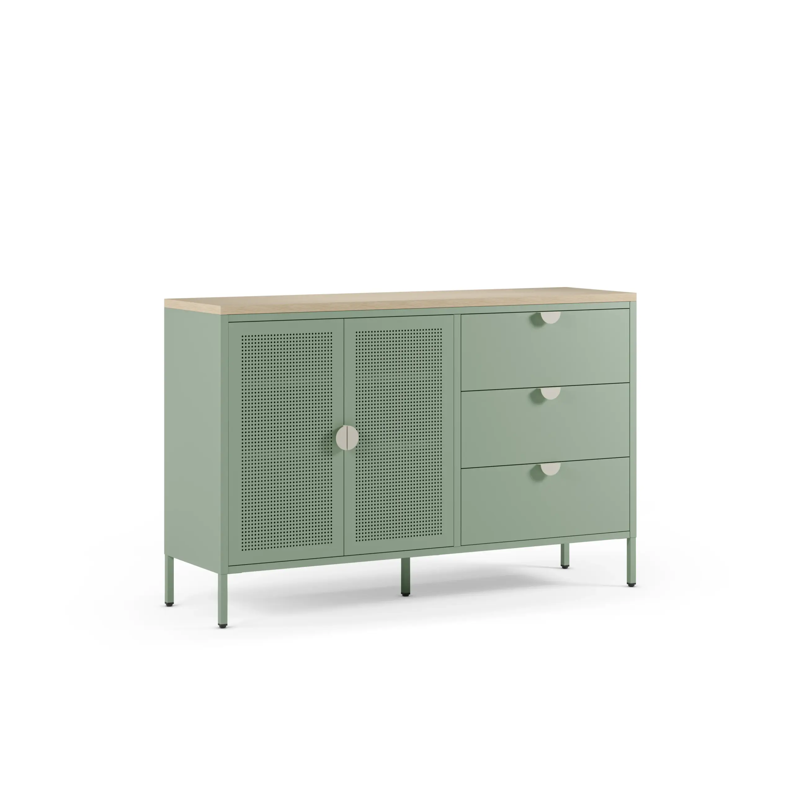 Aparador Sayla verde menta y roble con dos puertas y tres cajones