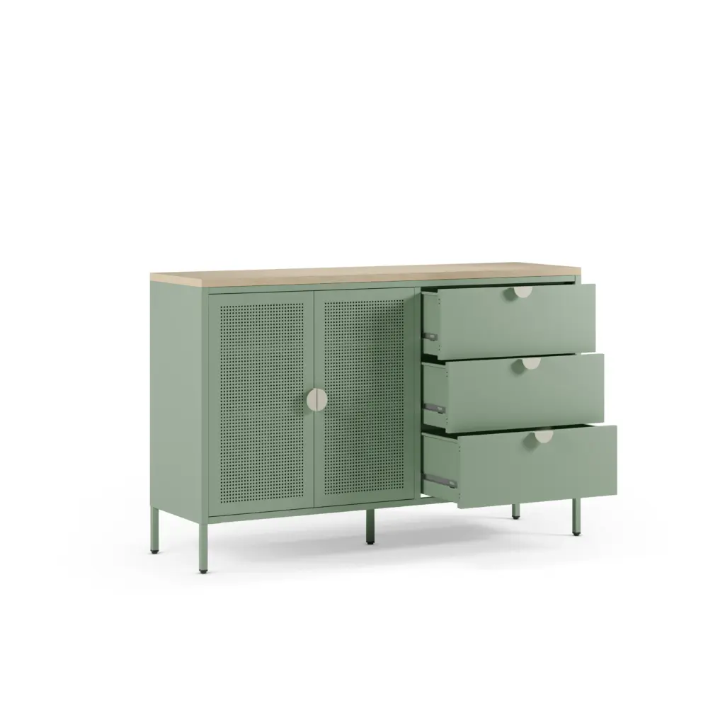 Aparador Sayla verde menta y roble con dos puertas y tres cajones 2_risultato