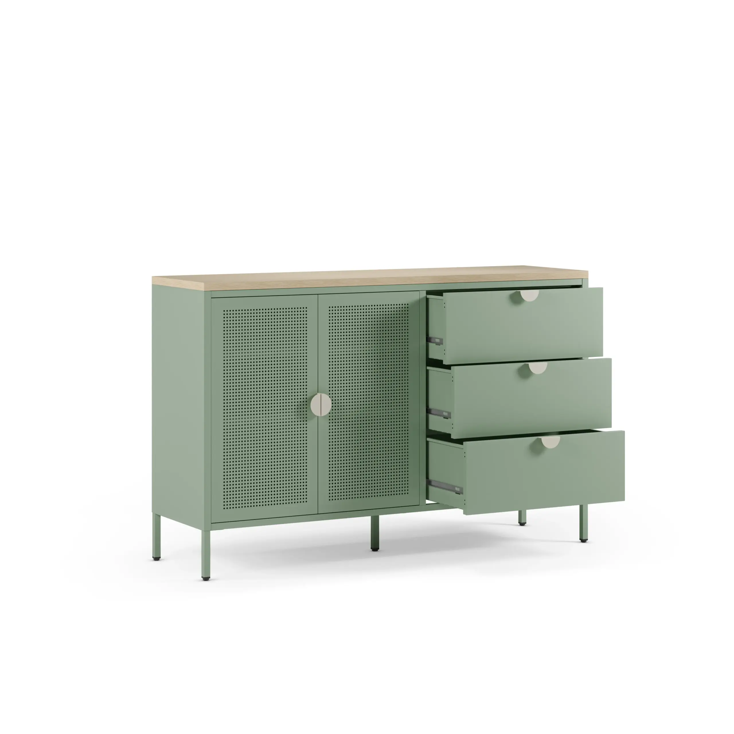 Aparador Sayla verde menta y roble con dos puertas y tres cajones 2_risultato