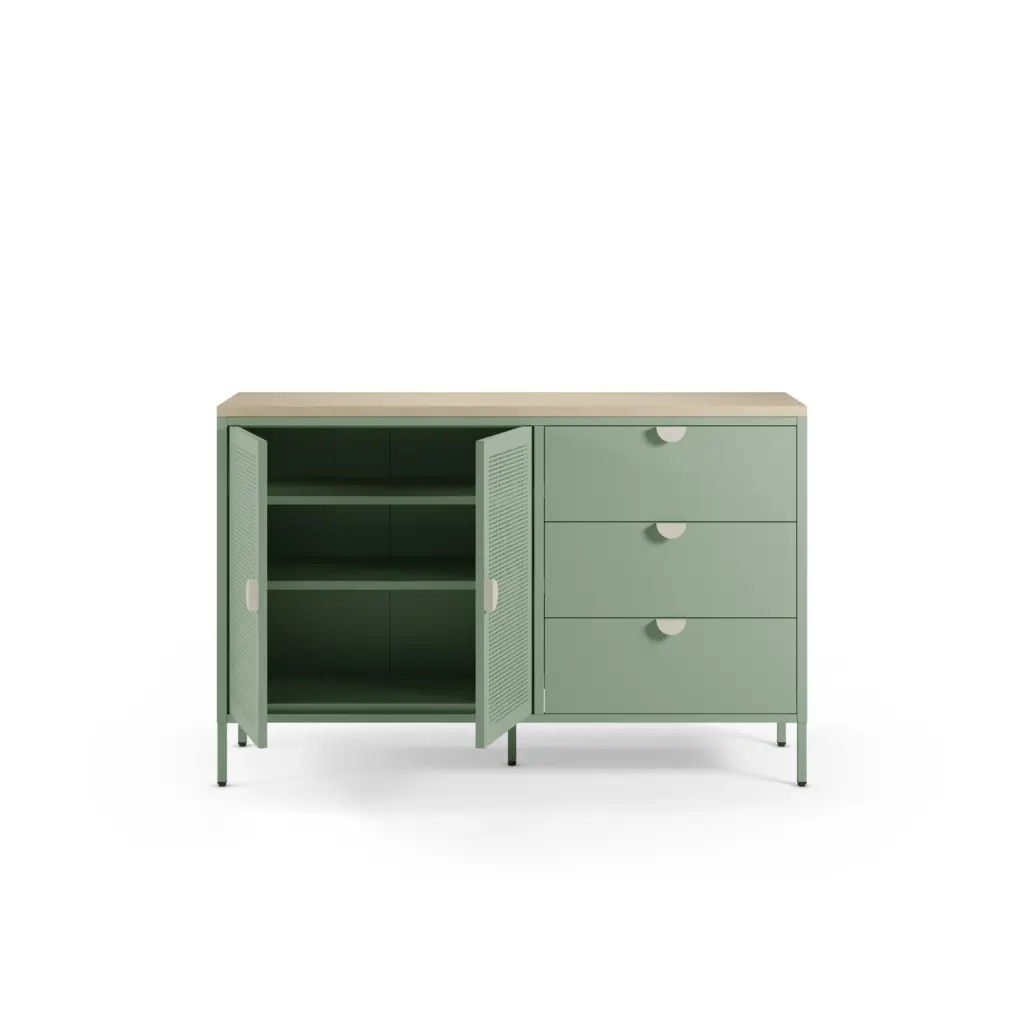 Aparador Sayla verde menta y roble con dos puertas y tres cajones 3_risultato