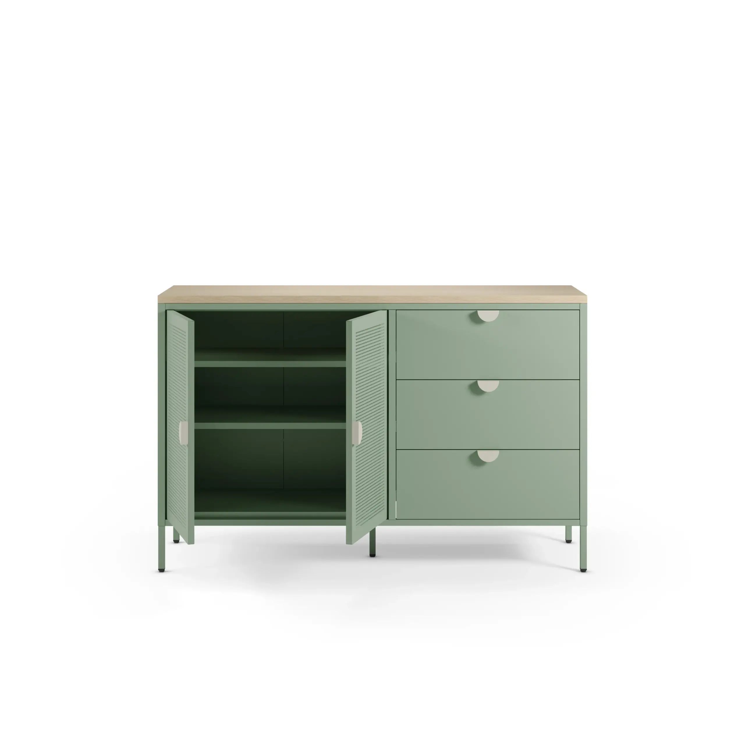 Aparador Sayla verde menta y roble con dos puertas y tres cajones 3_risultato